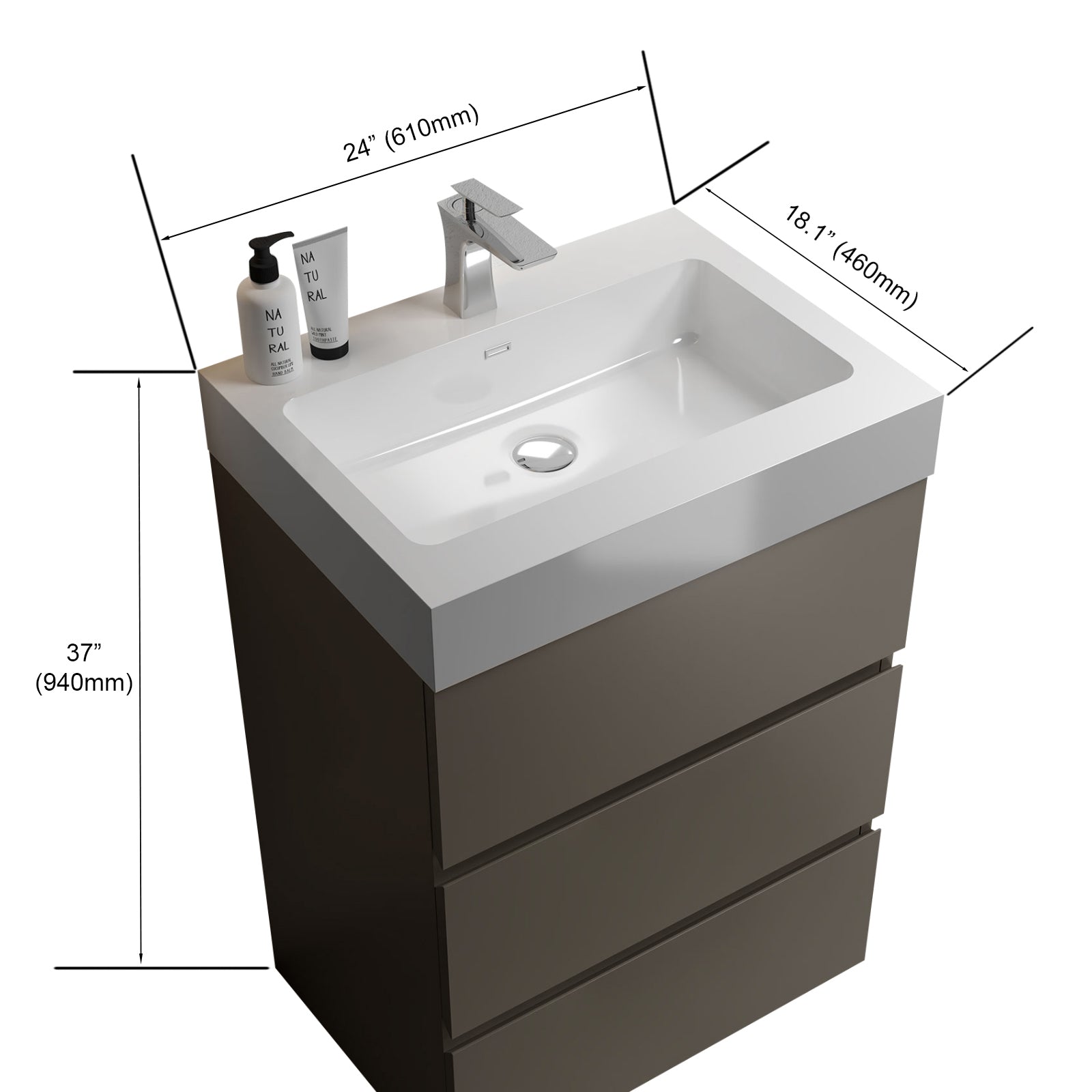 Alice 24" Gray Bathroom Vanity With Sink, Large Storage Freestanding Bathroom Vanity For Modern Bathroom, One Piece White Sink Basin Without Drain And Faucet, Pre Assembled Gray Melamine