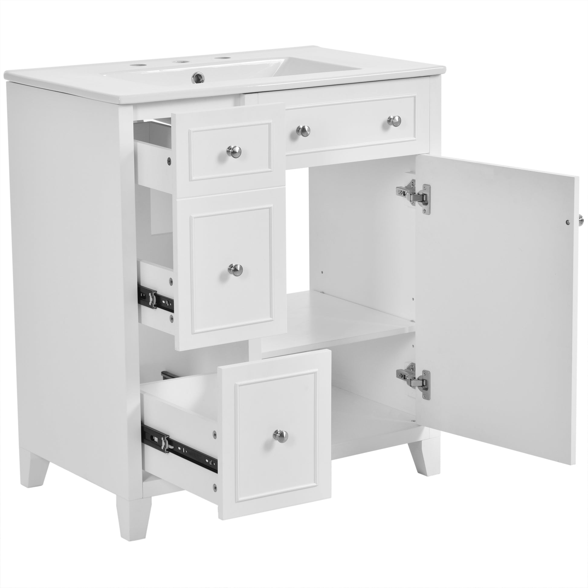 30 Inch Bathroom Vanity Cabinet With Ceramic Basin, Double Layer Drawer, Deep Drawer And Adjustable Shelf White Bathroom Solid Wood Mdf