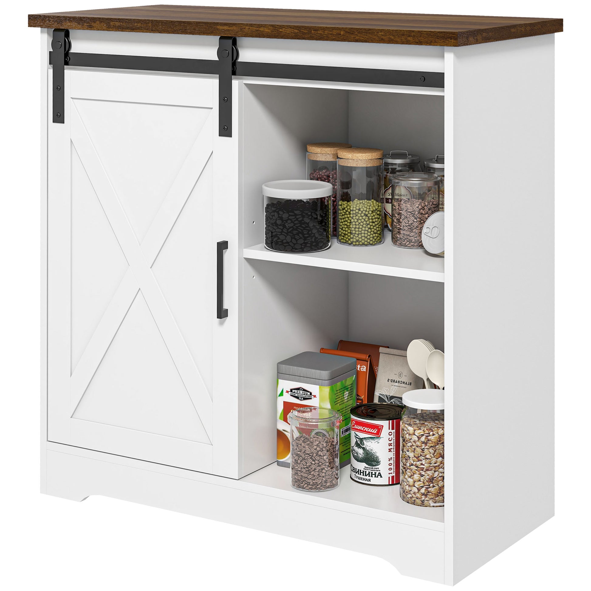 Homcom Farmhouse Coffee Bar Cabinet, 33" Buffet Sideboard With Sliding Barn Door And Adjustable Shelf, Kitchen Buffet Cabinet, White White Particle Board