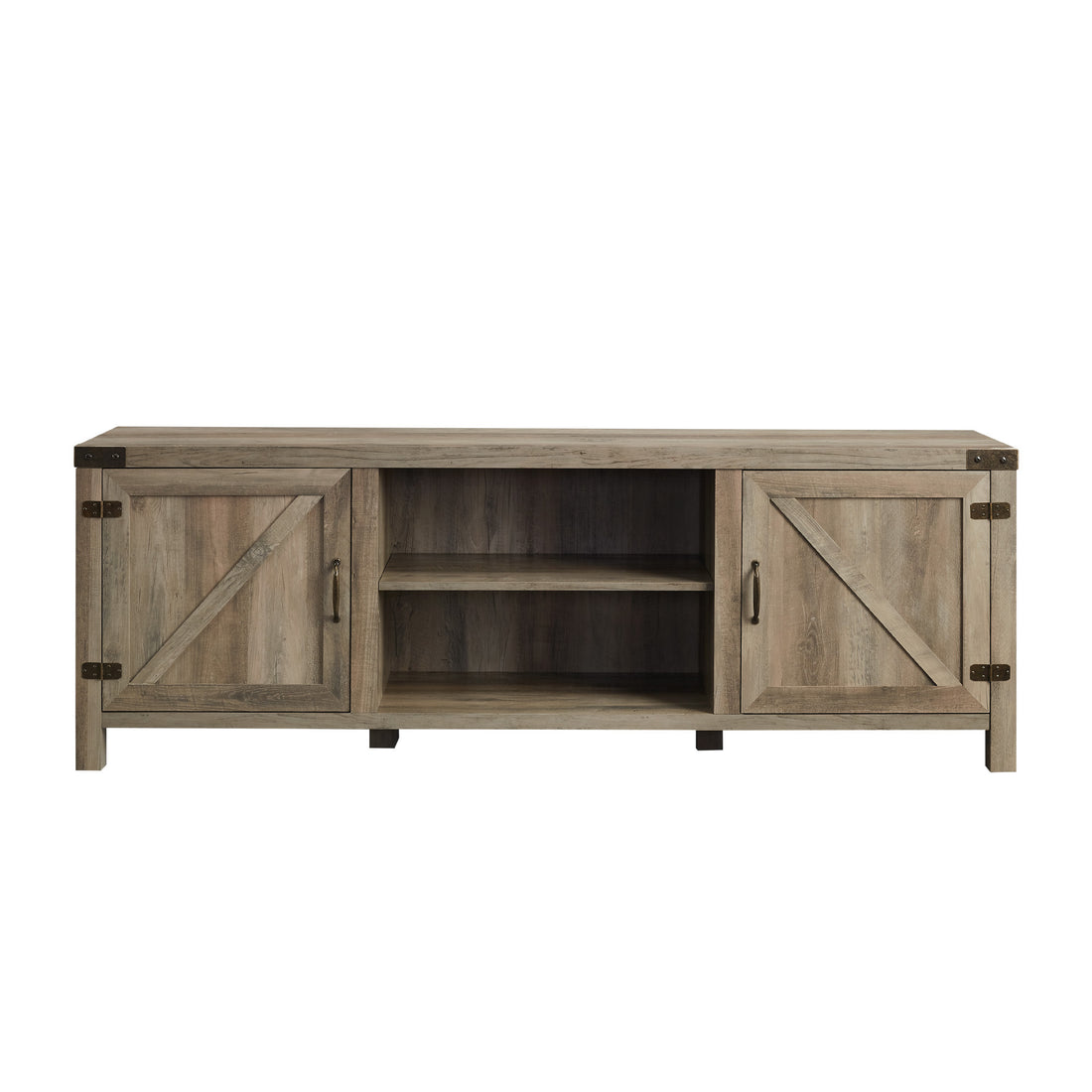 Rustic Farmhouse Double Barn Door 70" Tv Stand For 80" Tvs With Center Shelves Grey Wash Gray Wash Mdf