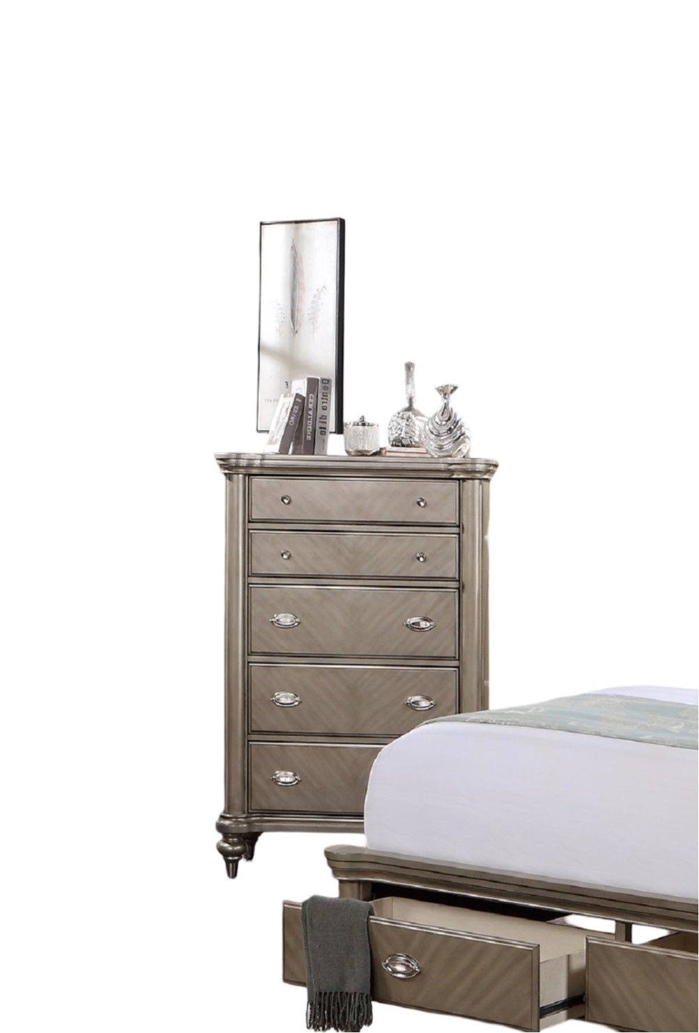 Luxury Classic Antique Silver Champagne Finish 1Pc Chest Of Drawers Storage Space Bedroom Furniture Antique Silver Bedroom Contemporary,Industrial,Modern,Transitional Rubberwood Solid Wood