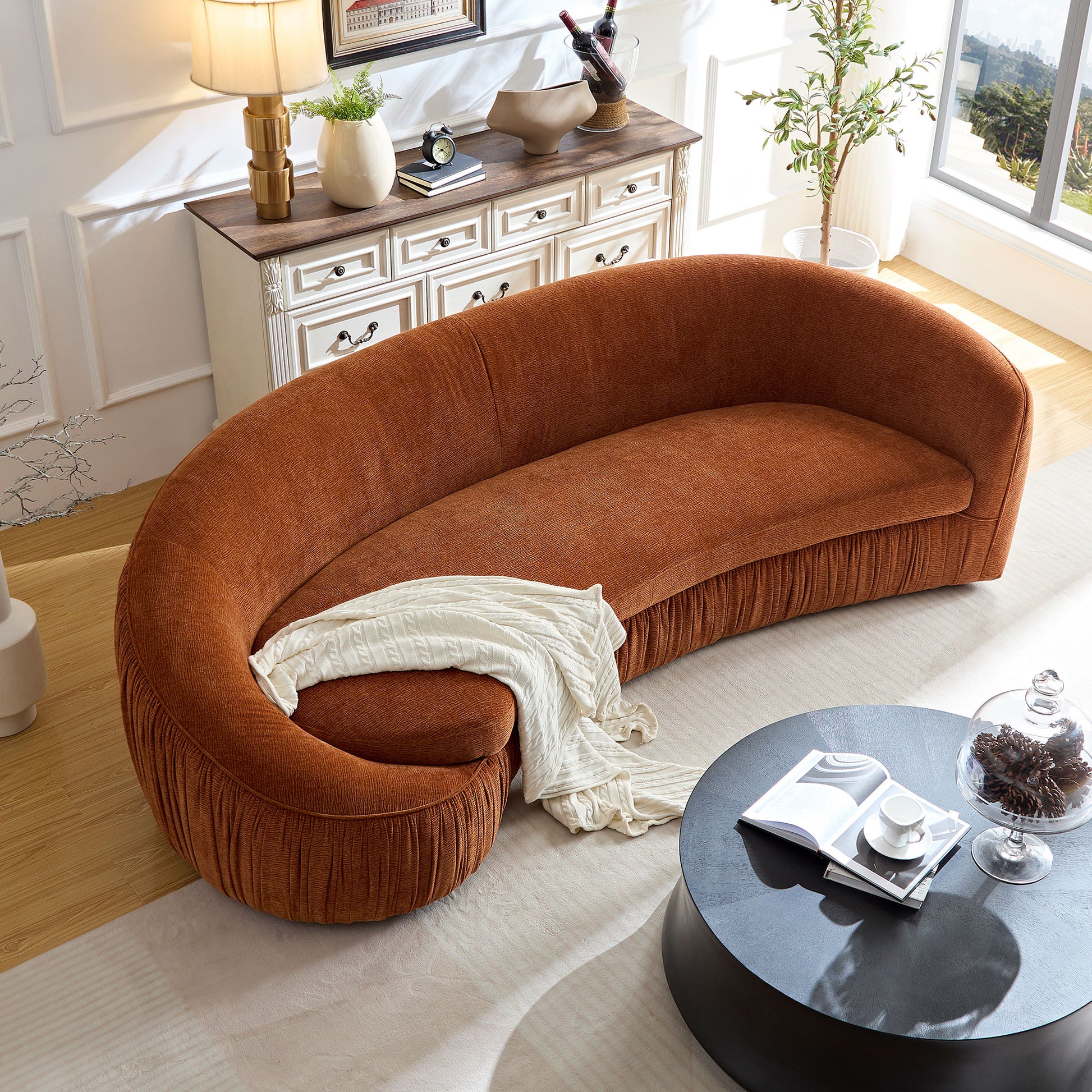 92.13 Inch Modern Design Curved Shaped Sofa Couch For Living Room,Upholstered Fabric 4 Seat Sofa No Need To Assembly Couch For Apartment,Orange Orange Polyester 4 Seat