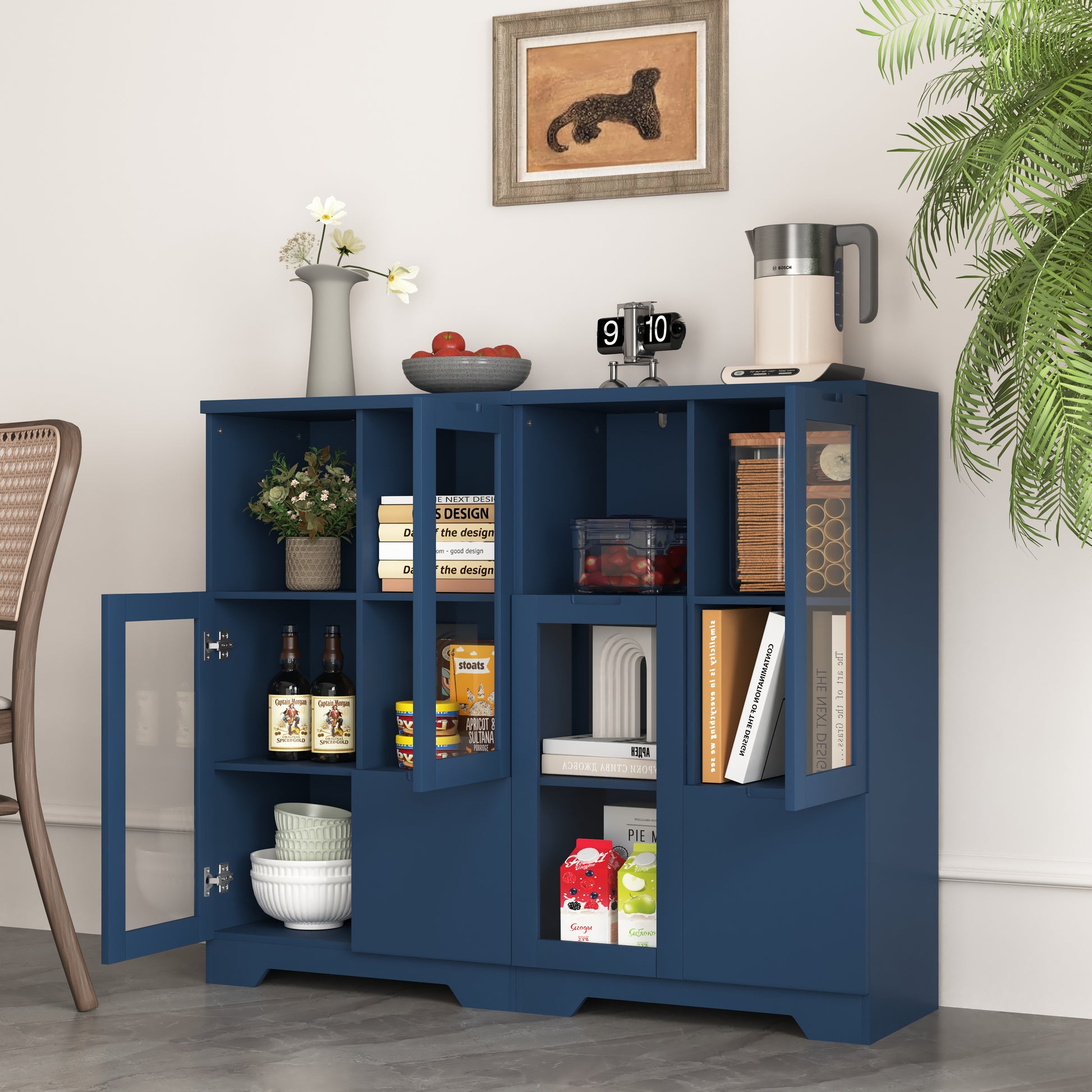 Wooden Floor Cabinet With 2 Glass Doors And 2 Storage Space,Blue Living Room Bathroom Entryway Blue Mdf