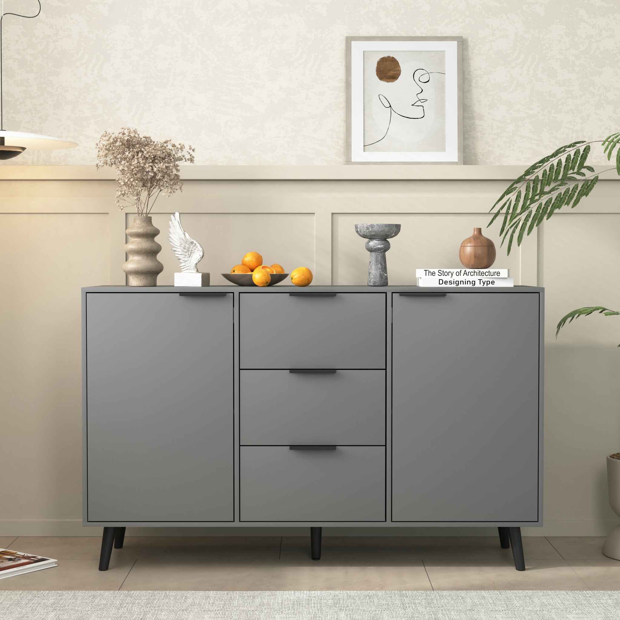Sideboard Buffet Cabinet with Storage, Wood Coffee Bar 5 or more spaces-gray-particle board