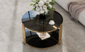 Modern Black Mirror Coffee Table, Asymmetrical Metal, Circular Metal Drum Base, Gold Finish & Lower Shelf Black Tempered Glass