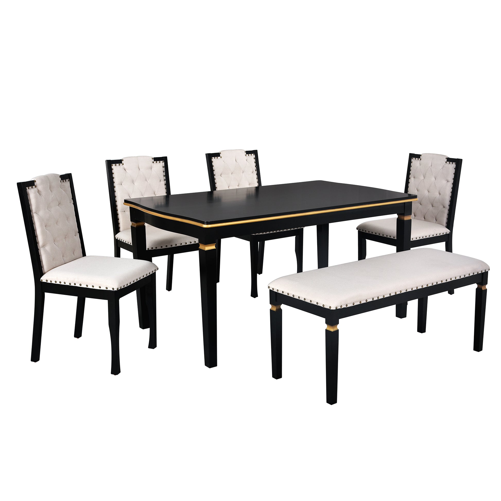 6 Piece Kitchen Dining Table Set, 60" Rectangular Table And 4 High Back Tufted Chairs & 1 Bench For Dining Room And Kitchen Black Upholstered Chair Black Seats 6 Solid Wood Classic,Modern 4 Leg