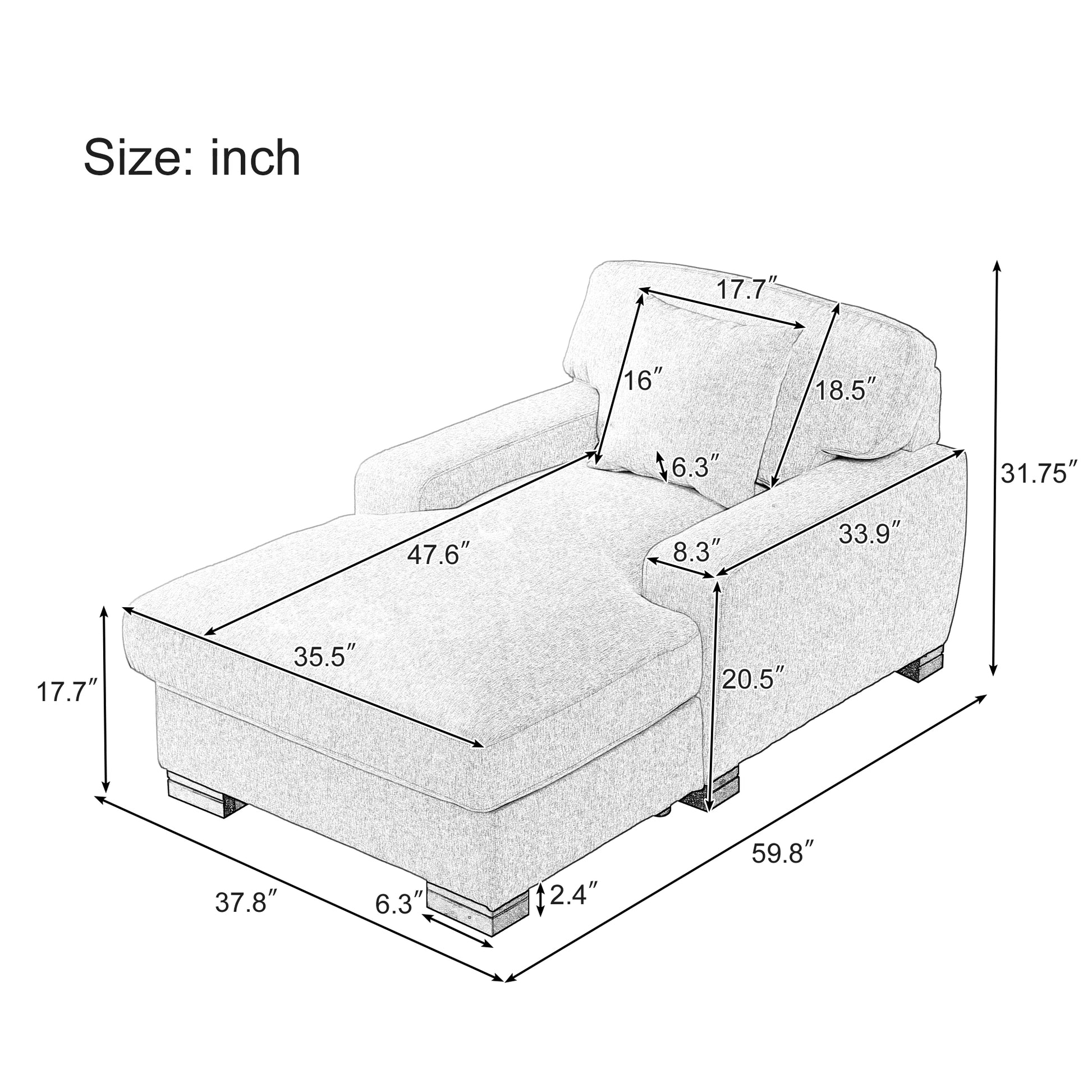 Modern Mid Century Indoor Oversized Chaise Lounger Comfort Sleeper Sofa With Pillow And Soild Wood Legs, Linen, Gray Gray Linen
