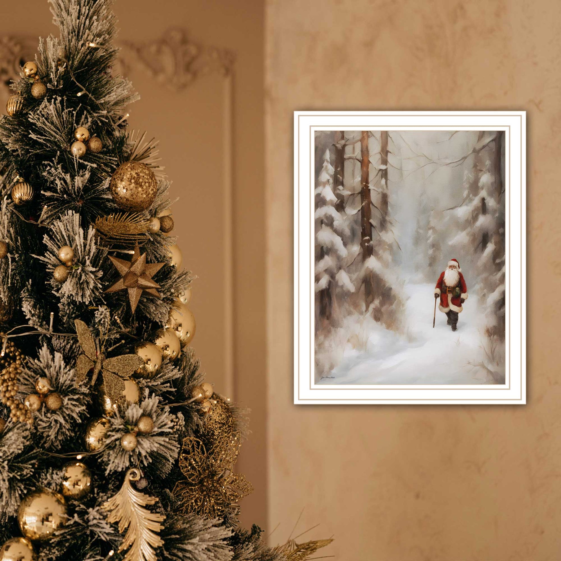 Santa'S Winter Stroll White Framed Wall Art For Living Room, Holiday Wall Art Print For Home Decor, Bedroom Wall Art By Jo Moulton Multicolor Wood Paper