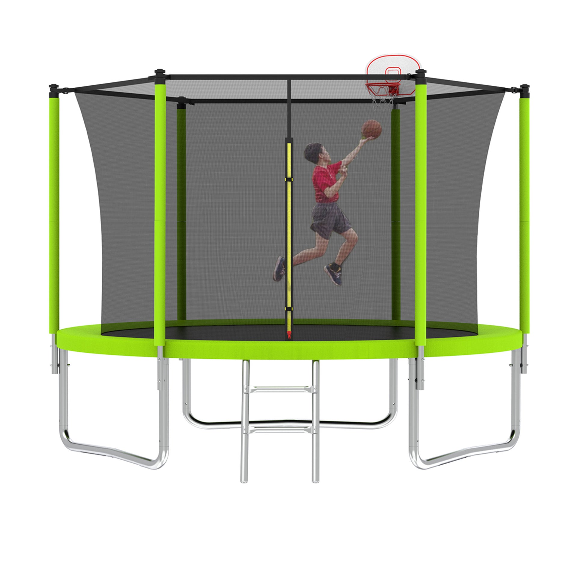 10Ft Trampoline For Kids, Basketball Hoop And Ladder, Outdoor Kids Trampoline With Safety Enclosure,Fast Assembly For Backyard Fun,Astm Approved Green Metal