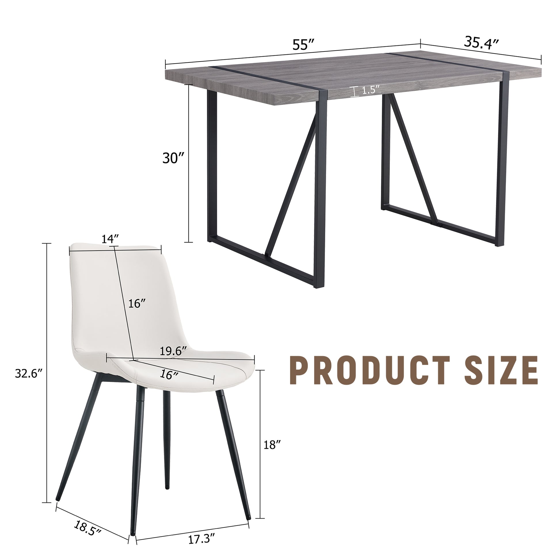 Table And Chair Set, Textured Top In Vintage Retro Grey Wood Grain Desktop, Black Metal Legs. Dining Chair With White Faux Leather Backrest Cushion With Black Metal Legs. Gray,Wood Seats 4 Mdf Metal