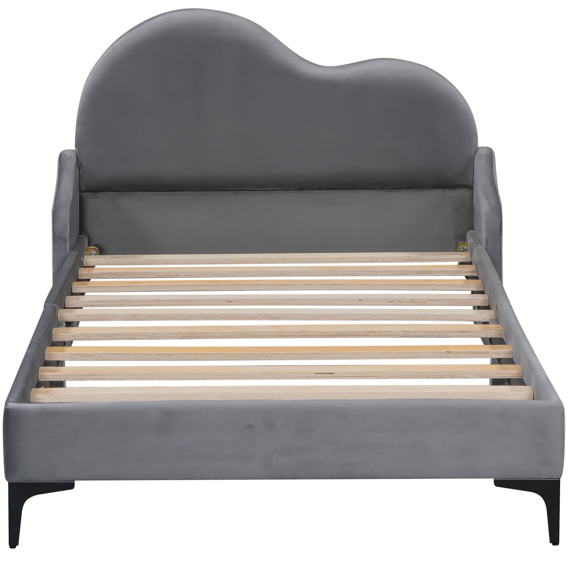 Twin Size Upholstered Platform Bed With Cloud Shaped Headboard, Gray Box Spring Not Required Twin Gray Bedroom Polyester Upholstered