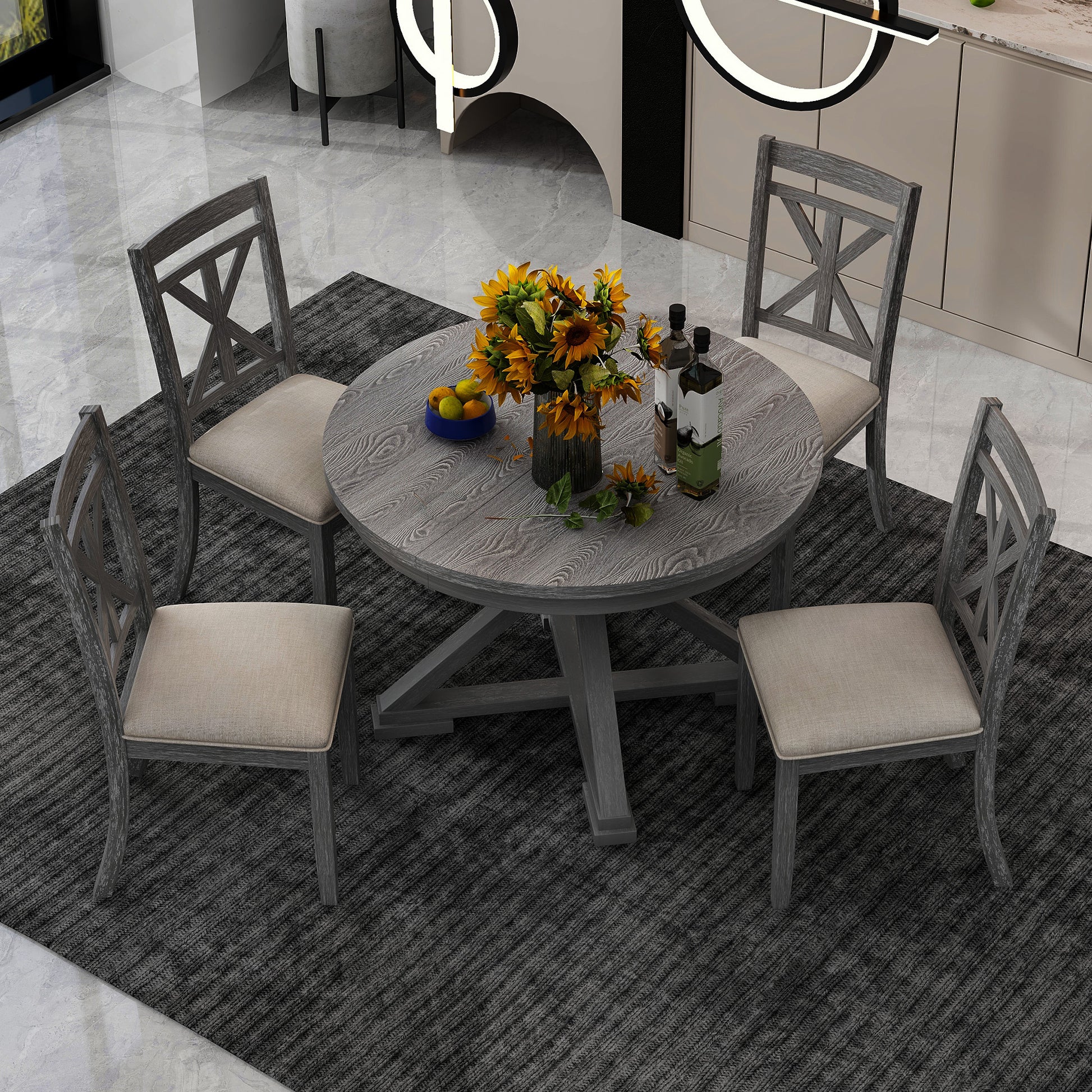 5 Piece Retro Functional Dining Table Set Extendable Round Table And 4 Upholstered Chairs For Dining Room And Living Room Grey Grey Solid Wood