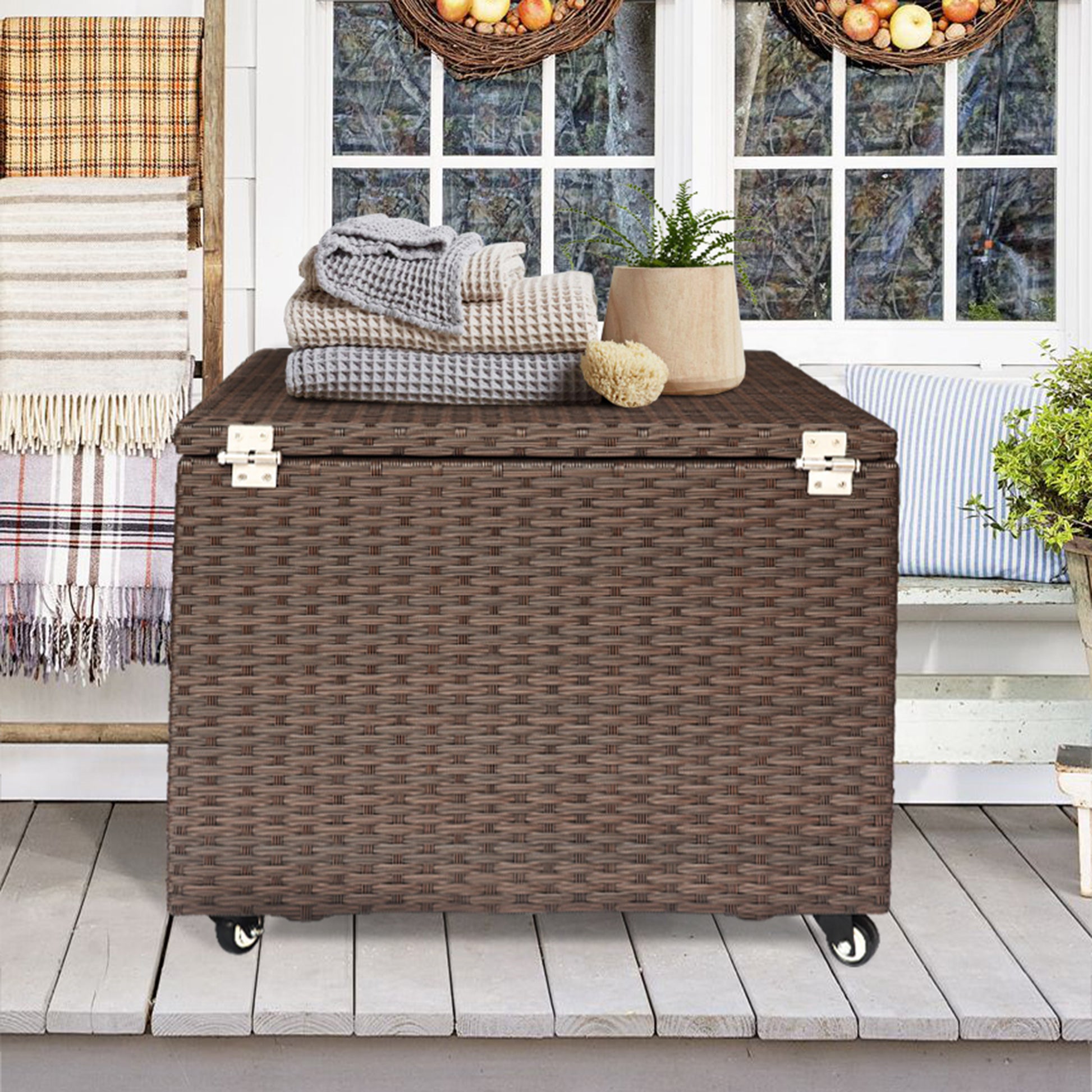 Outdoor Patio Wicker Large Storage Container Deck Box Made Of Antirust Aluminum Frames And High Quality Resin Rattan Brown Garden & Outdoor Classic Aluminium Alloy Aluminium Alloy