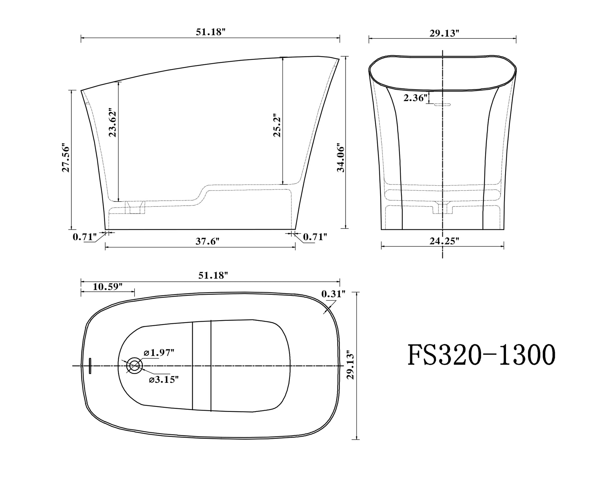 51" Solid Surface Soaking Bathtub Matte White Freestanding Tubs Matte Center Front Solid Surface