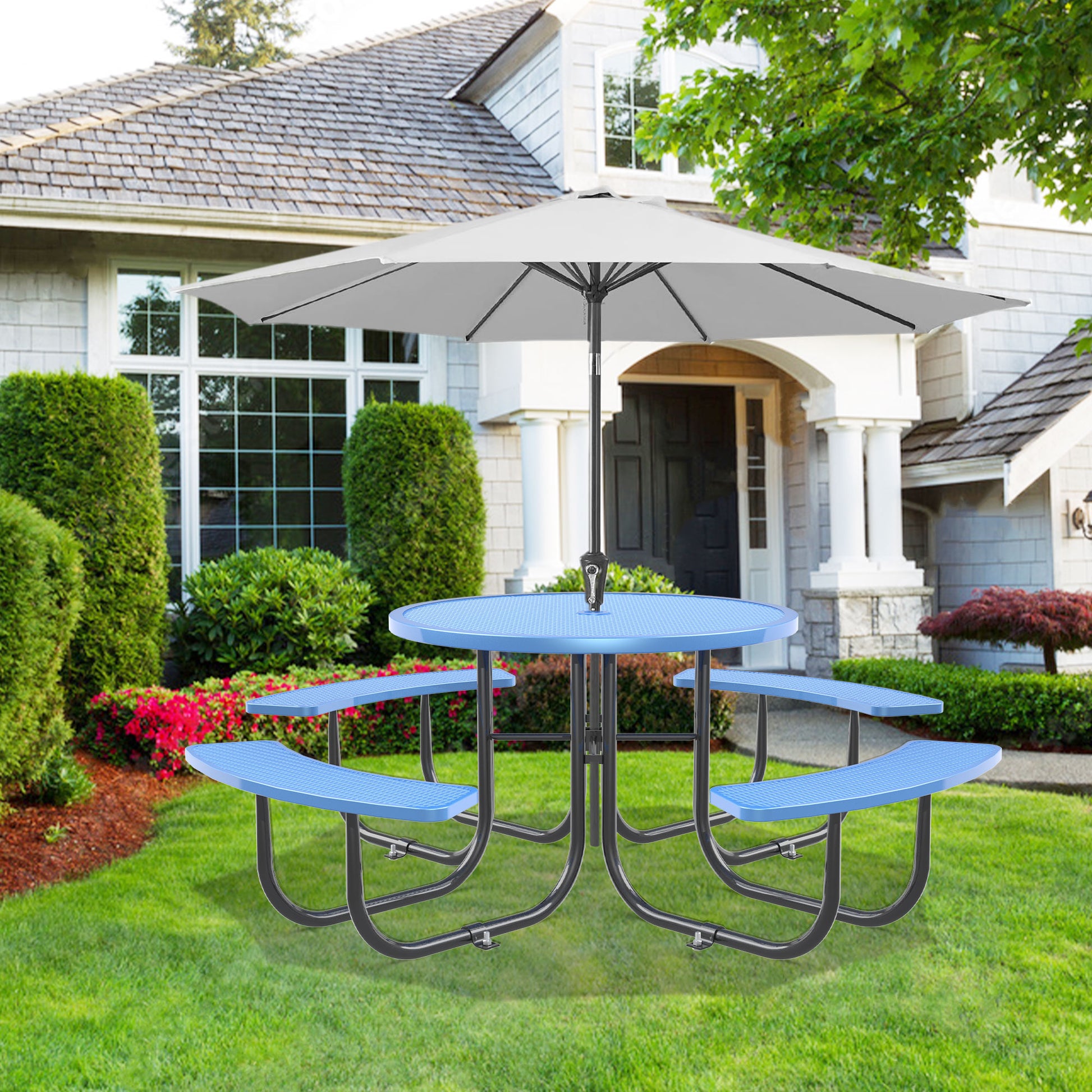 Round Outdoor Steel Picnic Table 46" With Umbrella Pole,Blue Blue Steel Steel