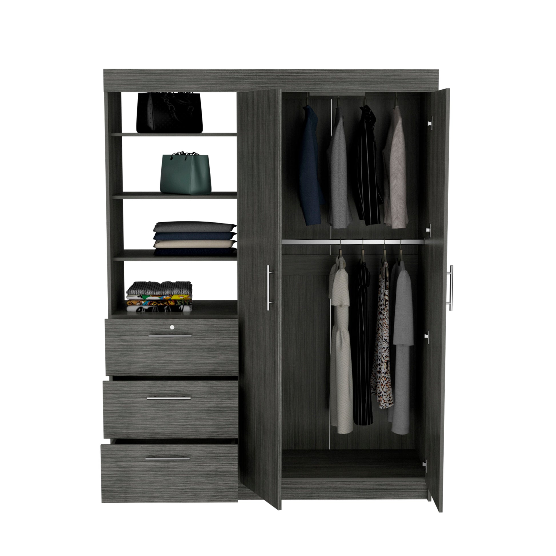 Kenya Armoire With Double Door, Three Drawers, 3 Tier Shelf And Double Hanging Rod Smokey Oak Smoke Grey Bedroom Modern Particle Board