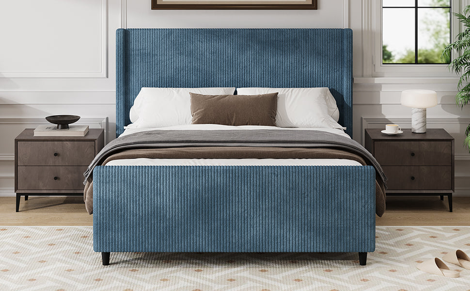 50.7'' High Headboard Corduroy Upholstered Bed Frame With Vertical Stripe Wingback And High Footboard No Box Spring Needed, Queen Size, Blue Box Spring Not Required Queen Blue Wood Bedroom Modern