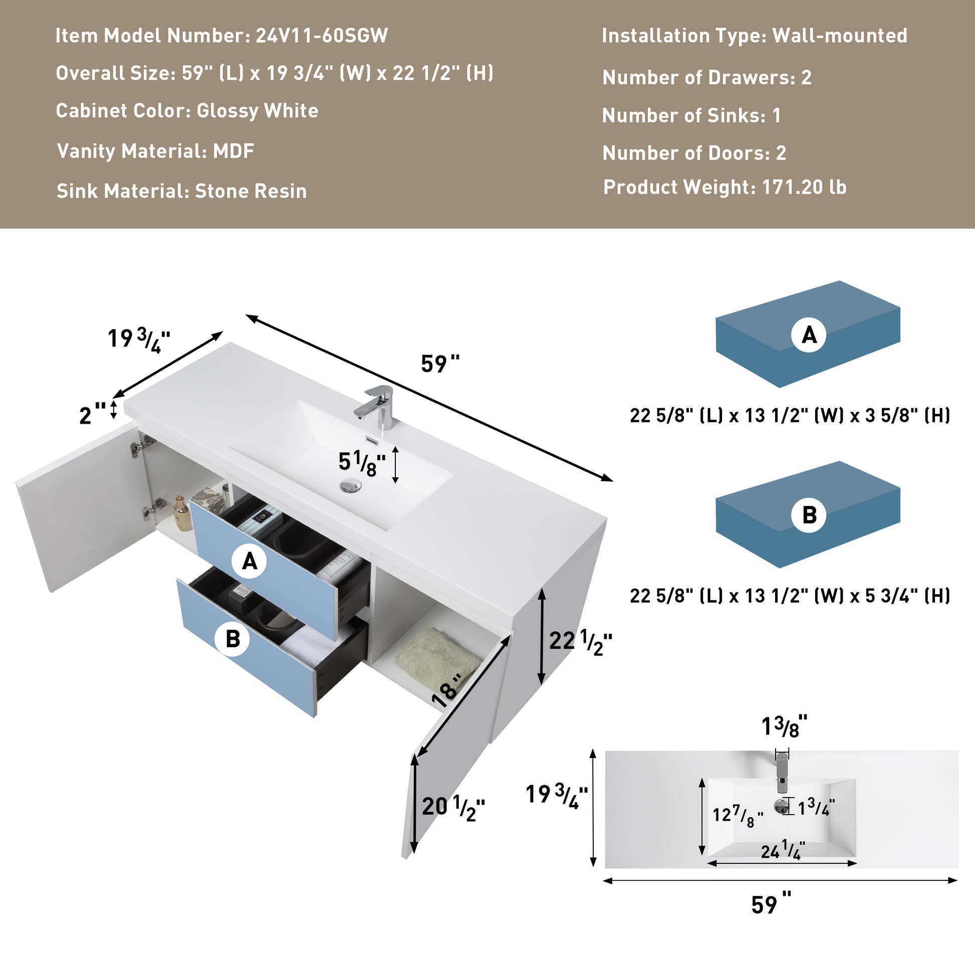 60" Floating Bathroom Vanity with Sink, Modern Wall 2-white-2-bathroom-wall mounted-mdf