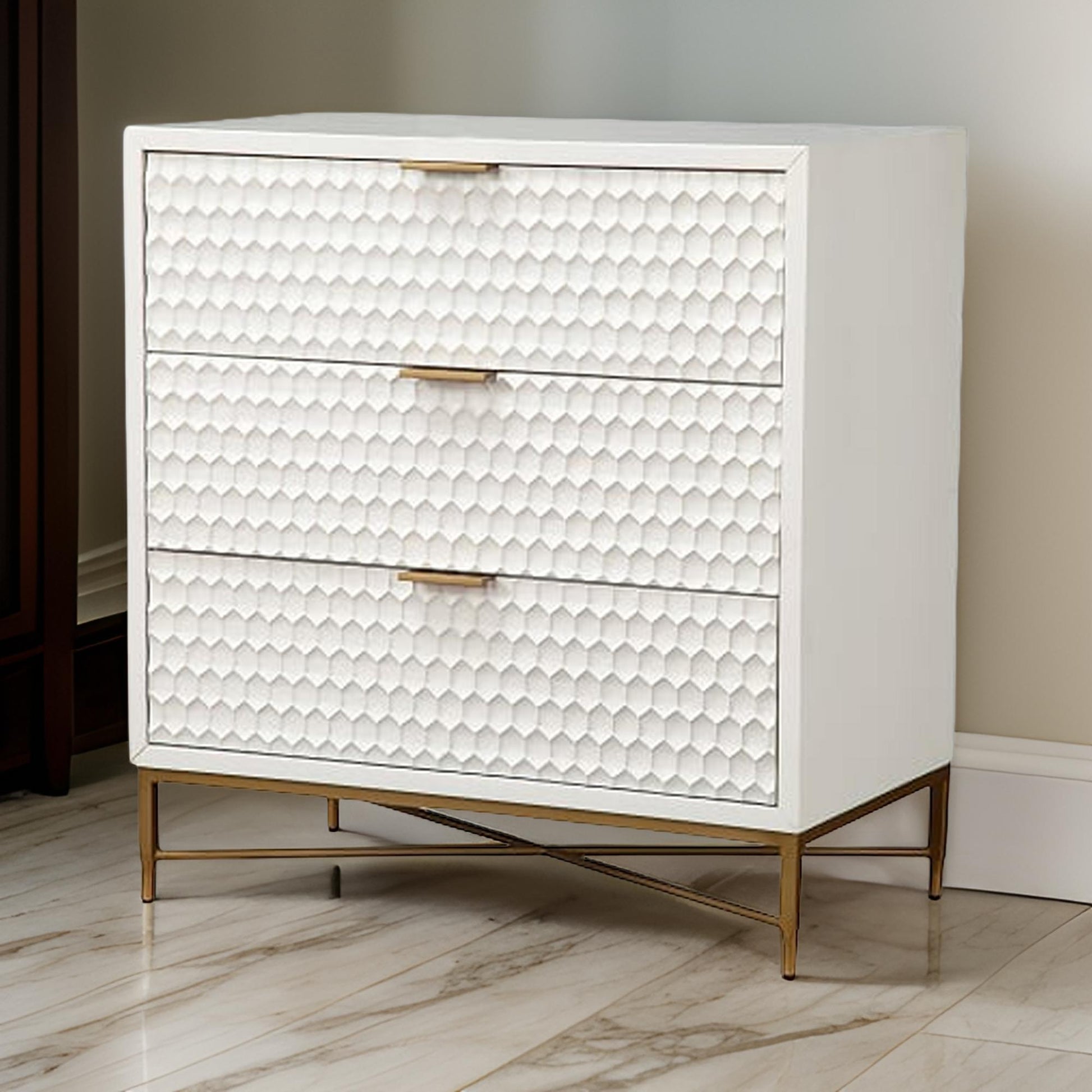 Honeycomb Design 3 Drawer Chest With Metal Legs, Small, White White Wood Metal