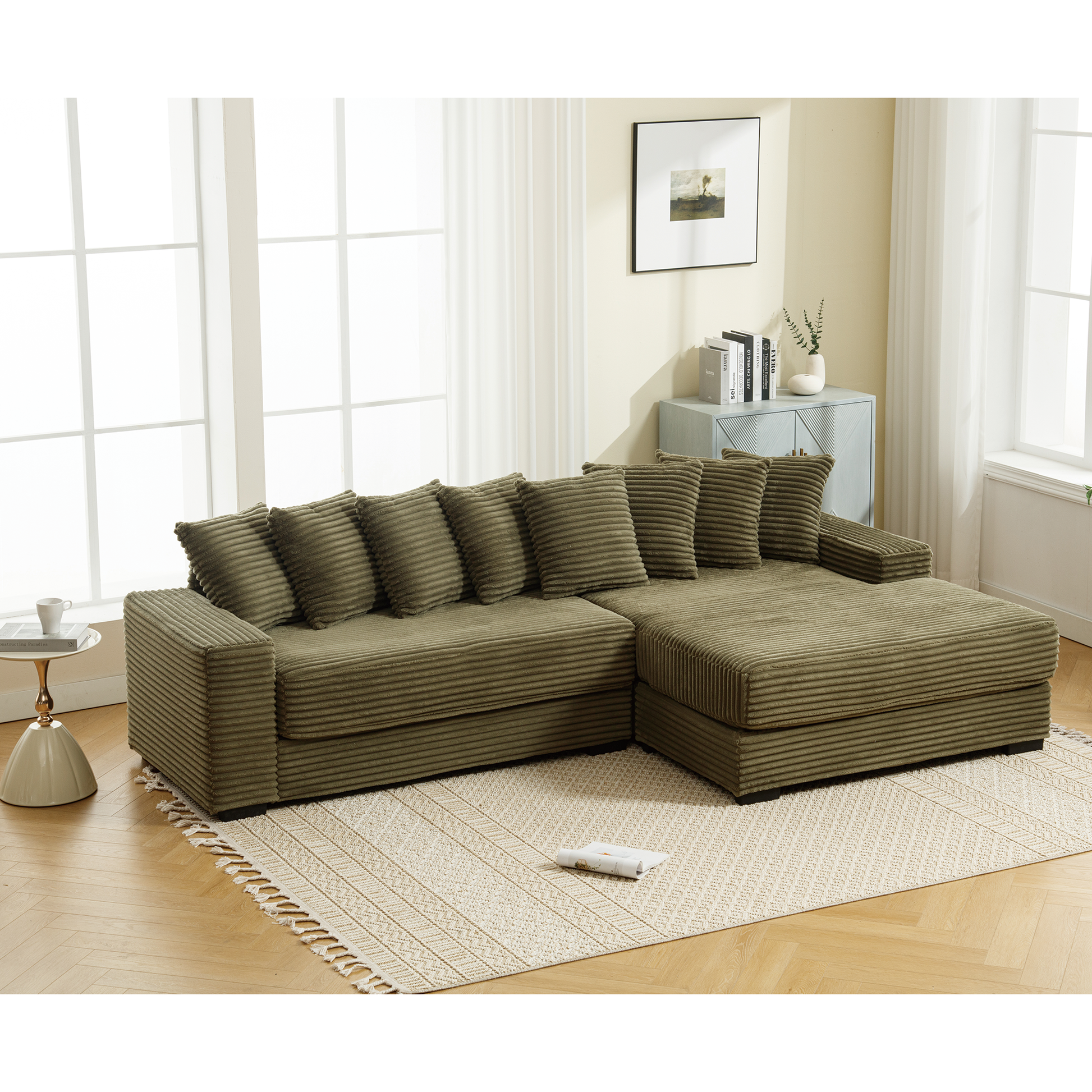 Arrived Oversized Two Piece Couches, L Shaped Sofa, Corduroy, Right Chaise Daybed,With Armrests,Eight Throw Pillows,Corner Sofa,Easy To Assemble, Green Green Polyester Wood Primary Living Space