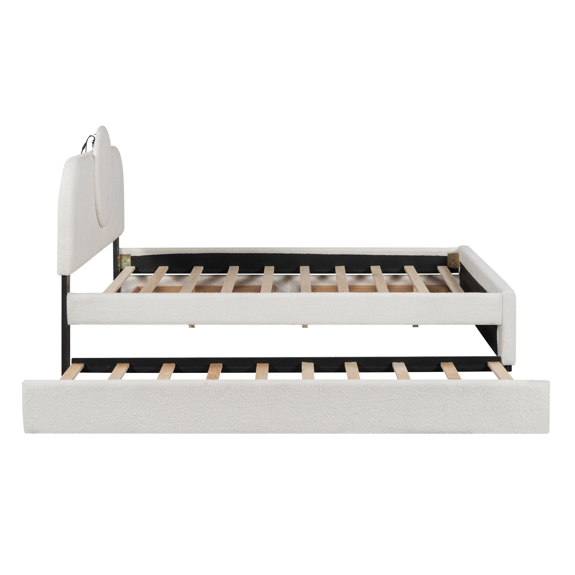 Queen Size Upholstered Platform Bed With Multi Functional Headboard, Trundle And 2 Drawers, White Box Spring Not Required Queen White Wood Bedroom Upholstered