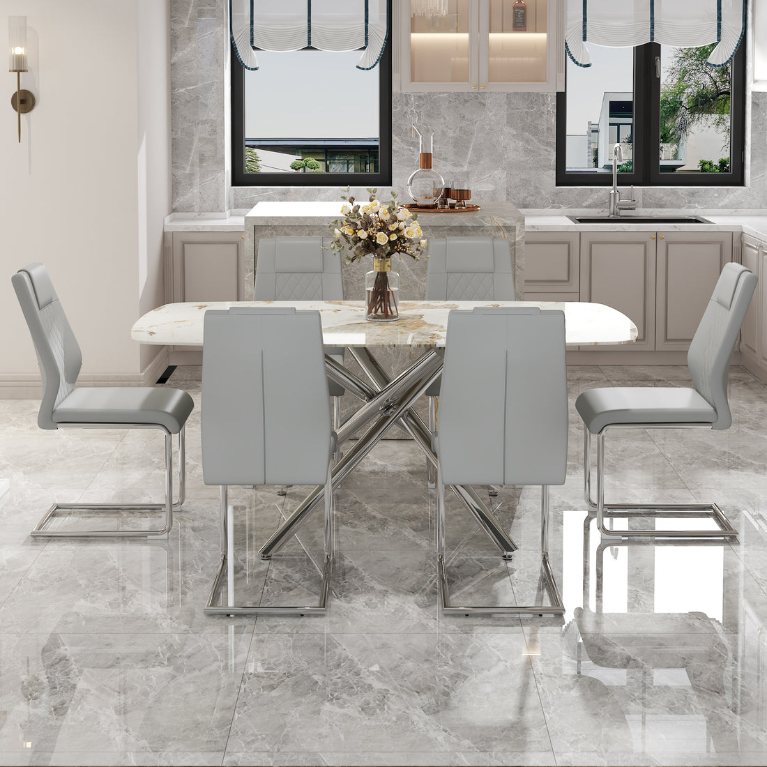 Table And Chair Set, Large Modern Minimalist Rectangular Dining Table, 0.39 "Imitation Marble Tabletop And Silver Metal Legs, Soft Leather Seats. F 1537 Silver Glass Metal