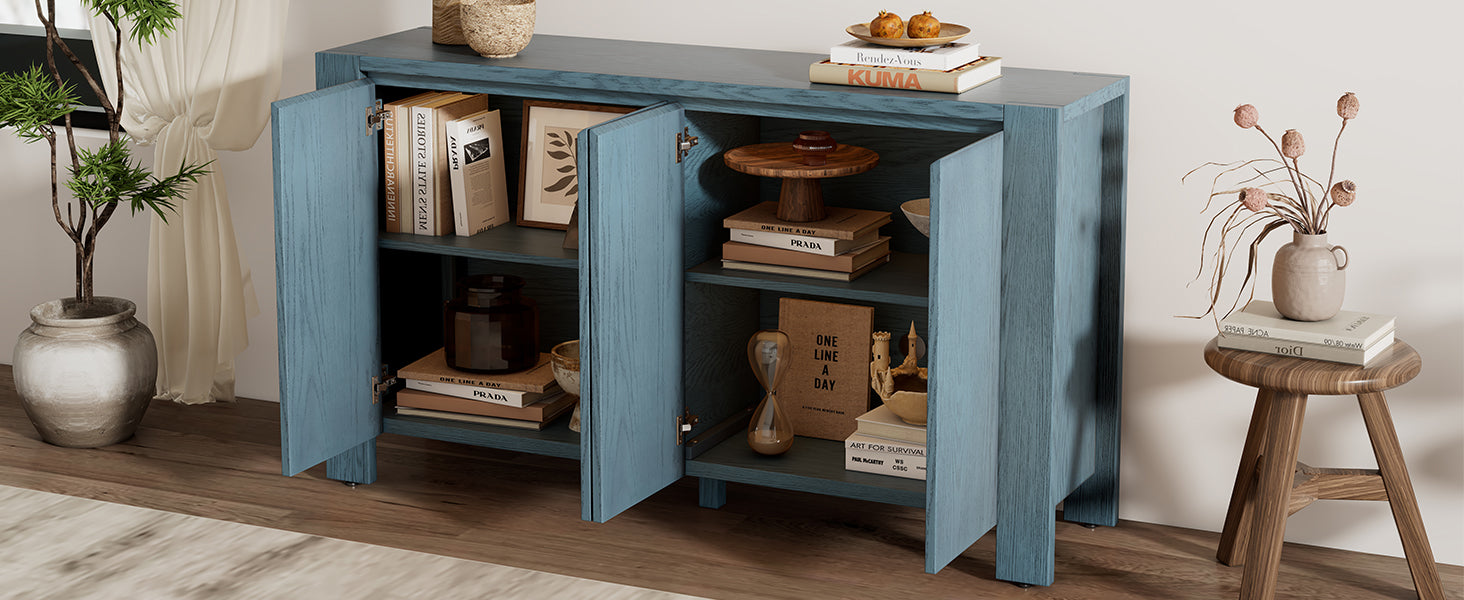 Retro 4 Door Sideboard With Distressed Finish And Adjustable Shelves For Dining Room, Kitchen, And Living Room Navy Navy Mdf,Rubber Wood