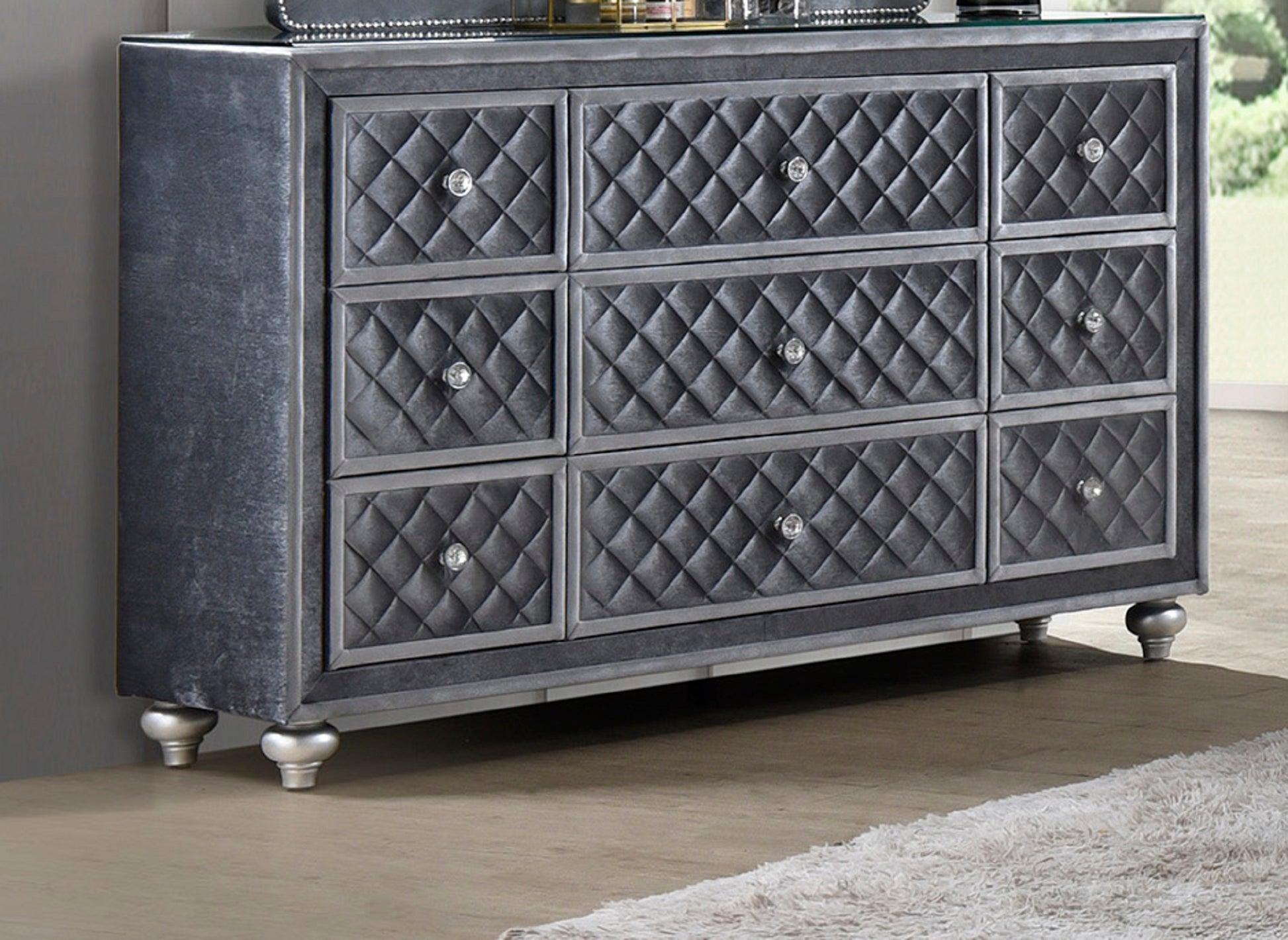 1Pc Glam 9 Drawer Dresser W Tempered Glass Top Velvet Tufted Drawer Front Faux Crystal Drawer Knobs Bedroom Furniture Gray Bedroom Glam Wood 1Pc Glam 9 Drawer Dresser W Tempered Glass Top Velvet Tufted Drawer Front Faux Crystal Drawer Knobs Bedroom Furniture Gray Bedroom Glam Wood