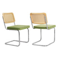 Mid Century Modern Dining Chairs Set Of 2, Velvet Accent Chairs With Natural Cane Back, Green Green Dining Room Foam Dining Chairs Set Of 2 Fabric,Pe Rattan Iron