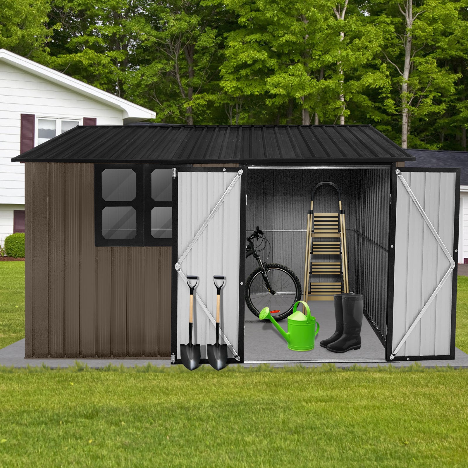 Metal Garden Sheds 10Ftx8Ft Outdoor Brown Black With Window Brown Metal