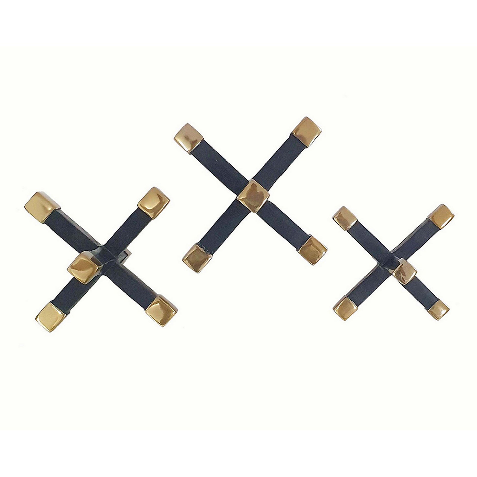 3 Piece Modern Accent Tabletop Decorations, X Shaped Jacks, Black, Gold Black Gold Aluminum