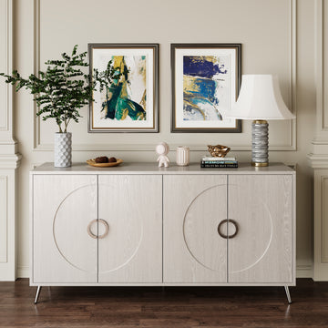 Modern Lacquered 4 Door Wooden Cabinet Sideboard Buffet Server Cabinet Storage Cabinet, For Living Room, Entryway, Hallway, Office, Kitchen And Dining Room, Champagne Silver Lacquered Champagne Adjustable Shelves Engineered Wood