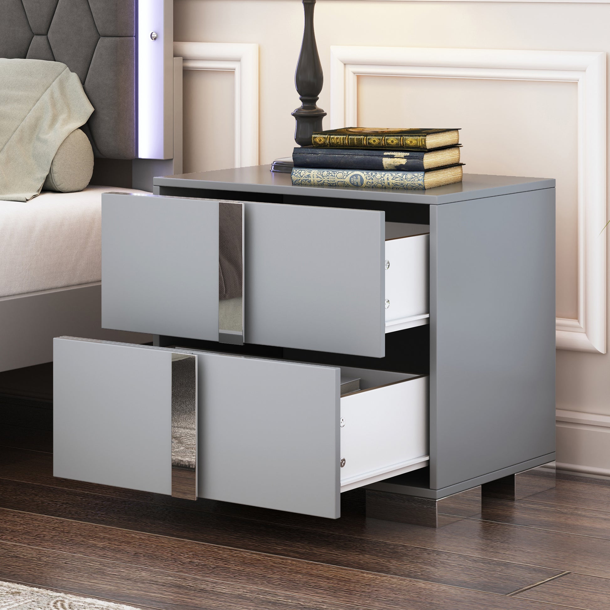 Elegant Nightstand With Metal Handle,Mirrored Bedside Table With 2 Drawers For Bedroom,Living Room,Grey Grey 2 Drawers Mdf Metal