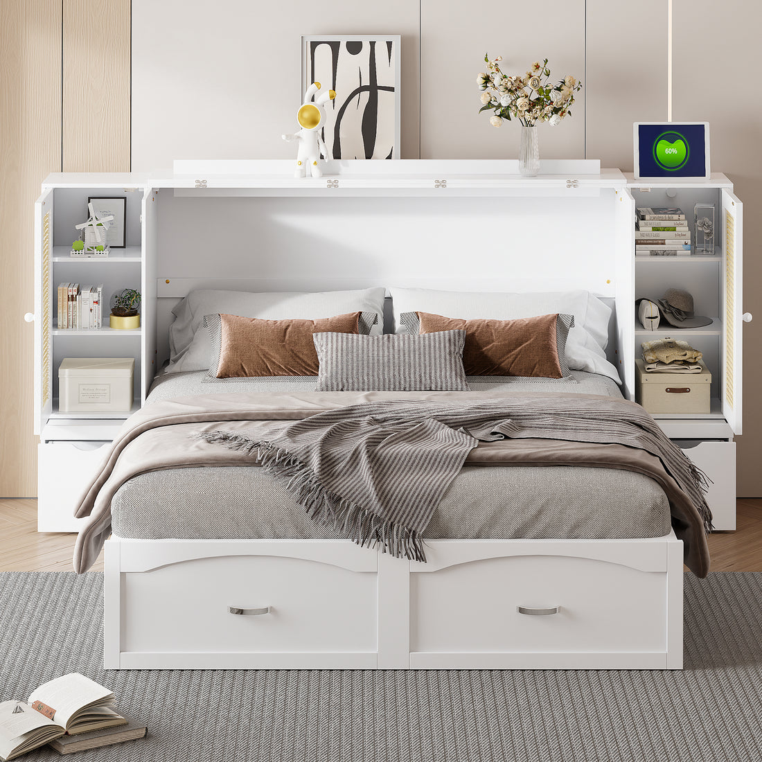 Queen Size Murphy Bed Wall Bed With Drawer And Rattan Decoration With 2 Storage Cabinets, One Set Of Sockets & Usb Ports, Pulley Structure Design, White Queen White Plywood