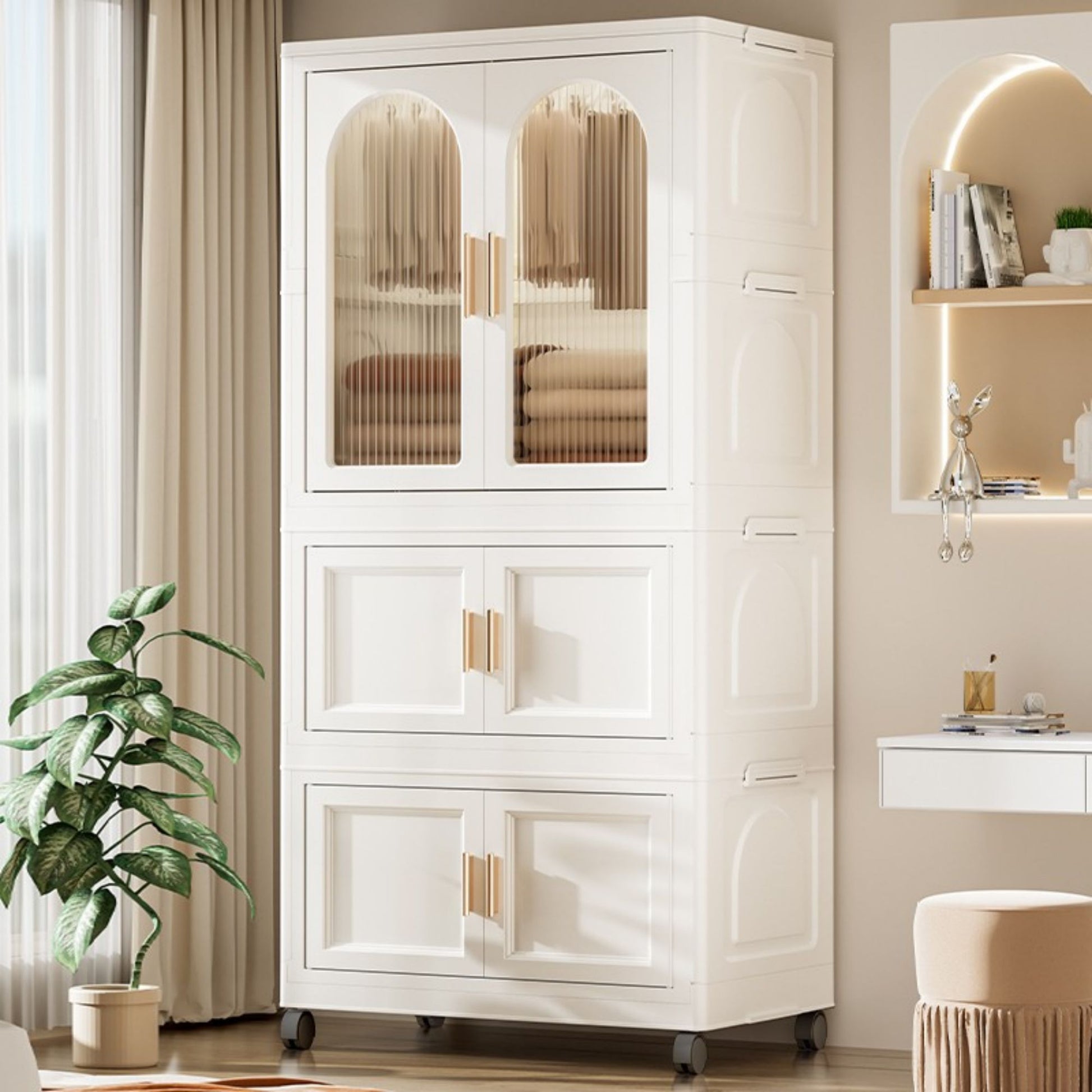 25.59" Side Wide Folding Wardrobe25.59" 15.75" 57.09", With Magnetic Door, Plastic Storage Cabinet With Wheels One Layer Of Wardrobe Two Layers Of Folding Boxes 10 Hangers Cream White Plastic