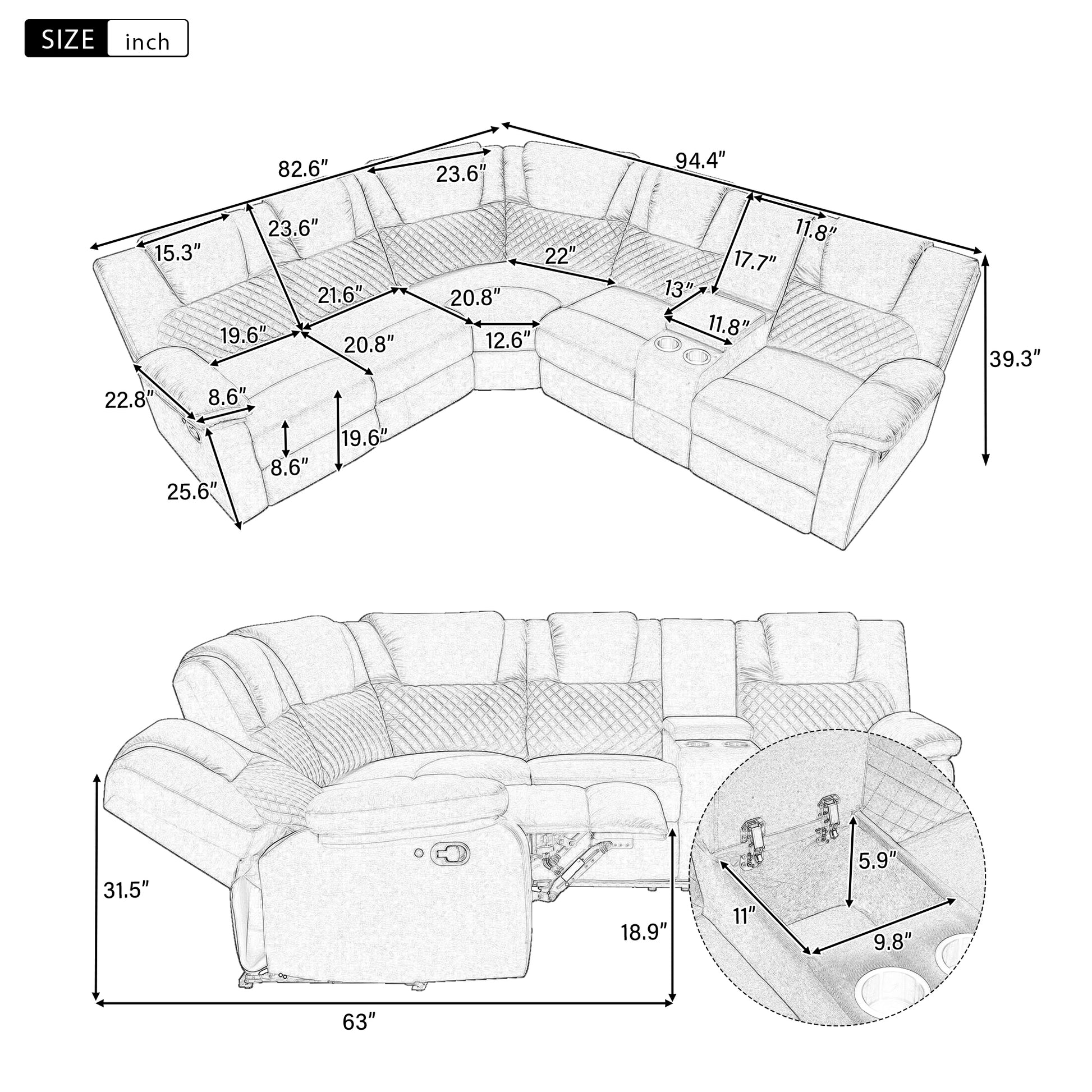 94.4" Home Theater Seating Modern Manual Recliner Sofa Chairs With Storage Box And Two Cup Holders For Living Room, Black Grey Black Grey Foam Velvet 5 Seat