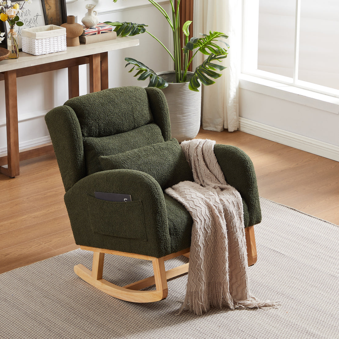 27.2"W Modern Accent High Backrest Living Room Lounge Arm Rocking Chair, Two Side Pocket Army Green Foam Fabric