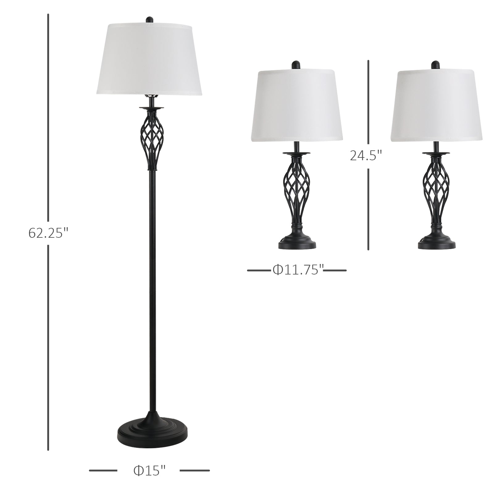 Homcom 3 Piece Table Floor Lamp Set With Metal Pole, Round Base, And Fabric Lampshade, For Living Room, Black White White Glass Metal