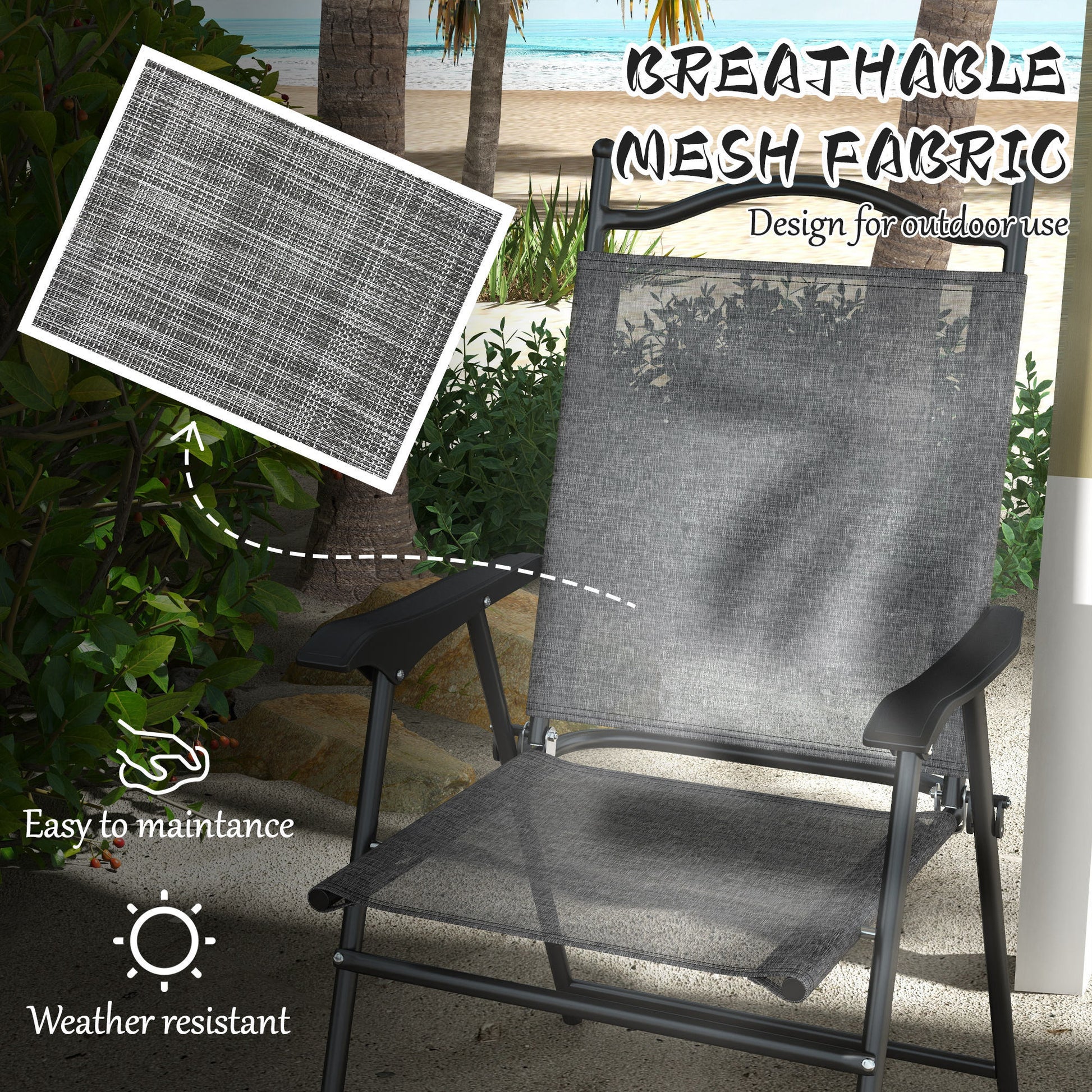 Outsunny Folding Patio Chairs, Set Of 4 Sports Chairs For Adults, Camping Chairs With Armrests,Mesh Fabric Seat For Lawn, Gray Gray Metal