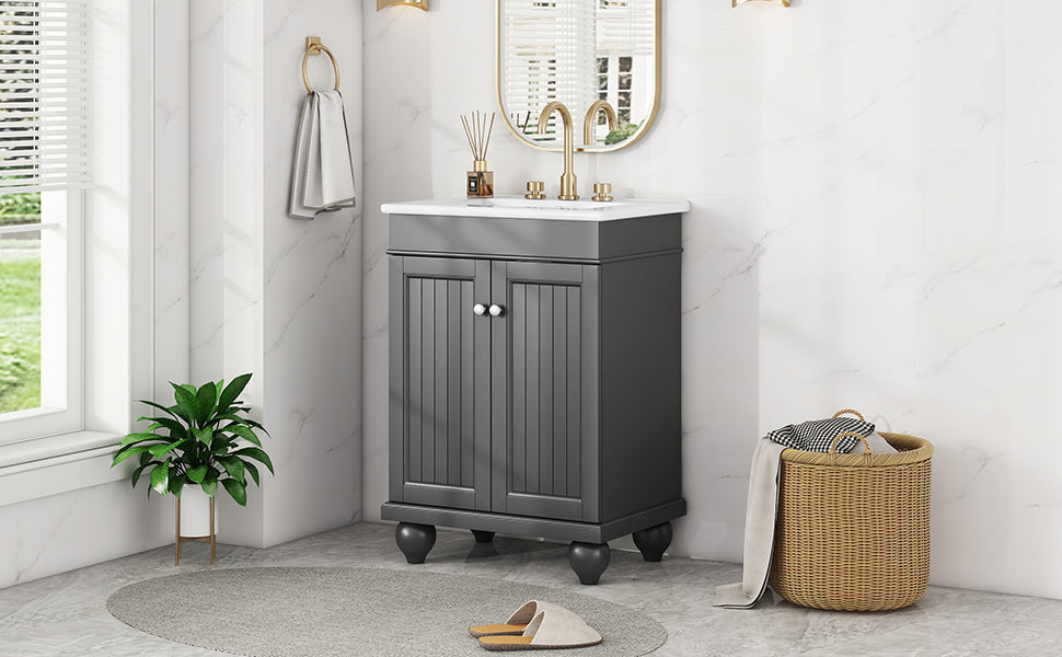 24" Black Modern Sleek Bathroom Vanity Elegant Ceramic Sink With Solid Wood Frame, Adjustable Shelf Black Solid Wood Mdf