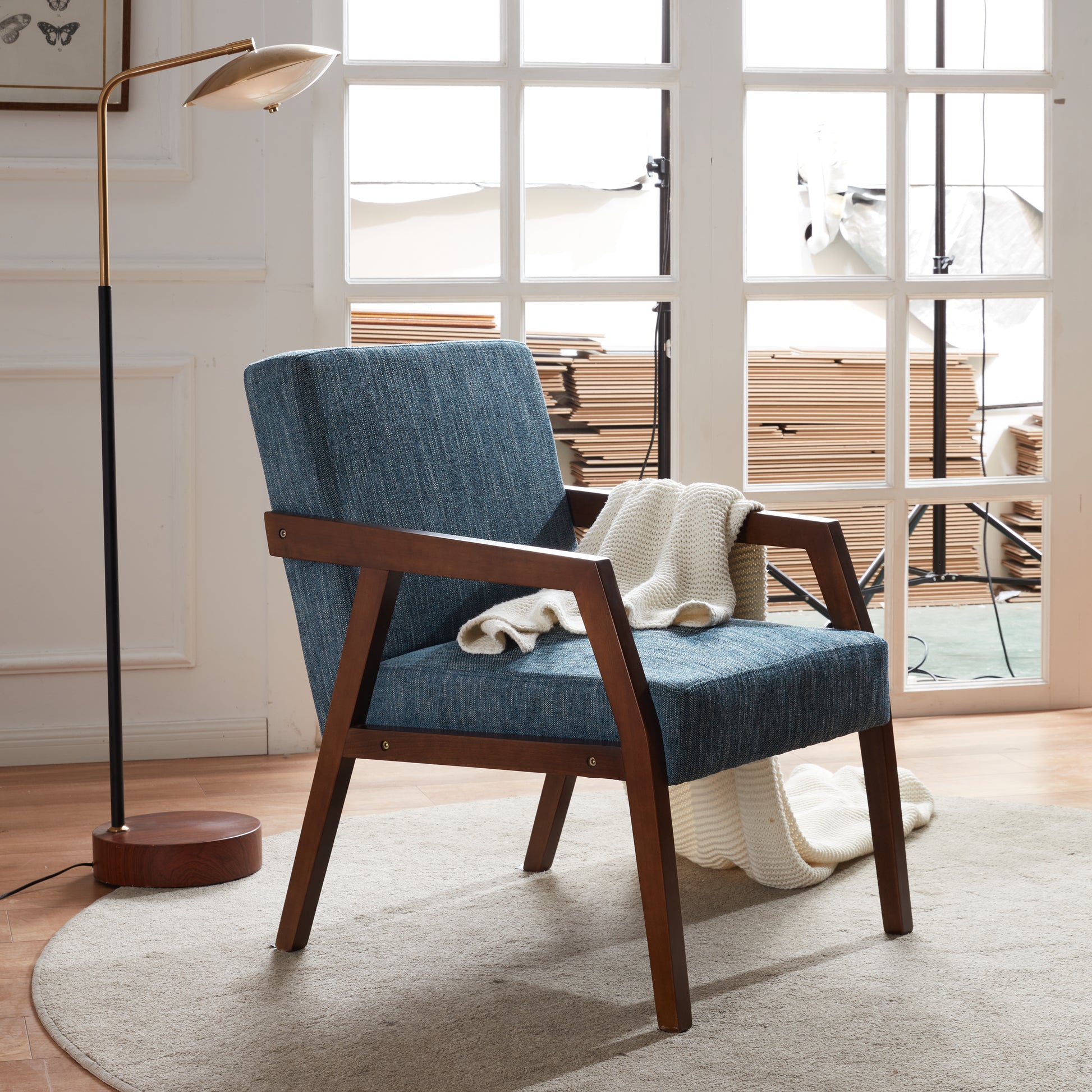 Solid Wooden Mid Century Modern Accent Chair, Upholstered Arm Chair Fo