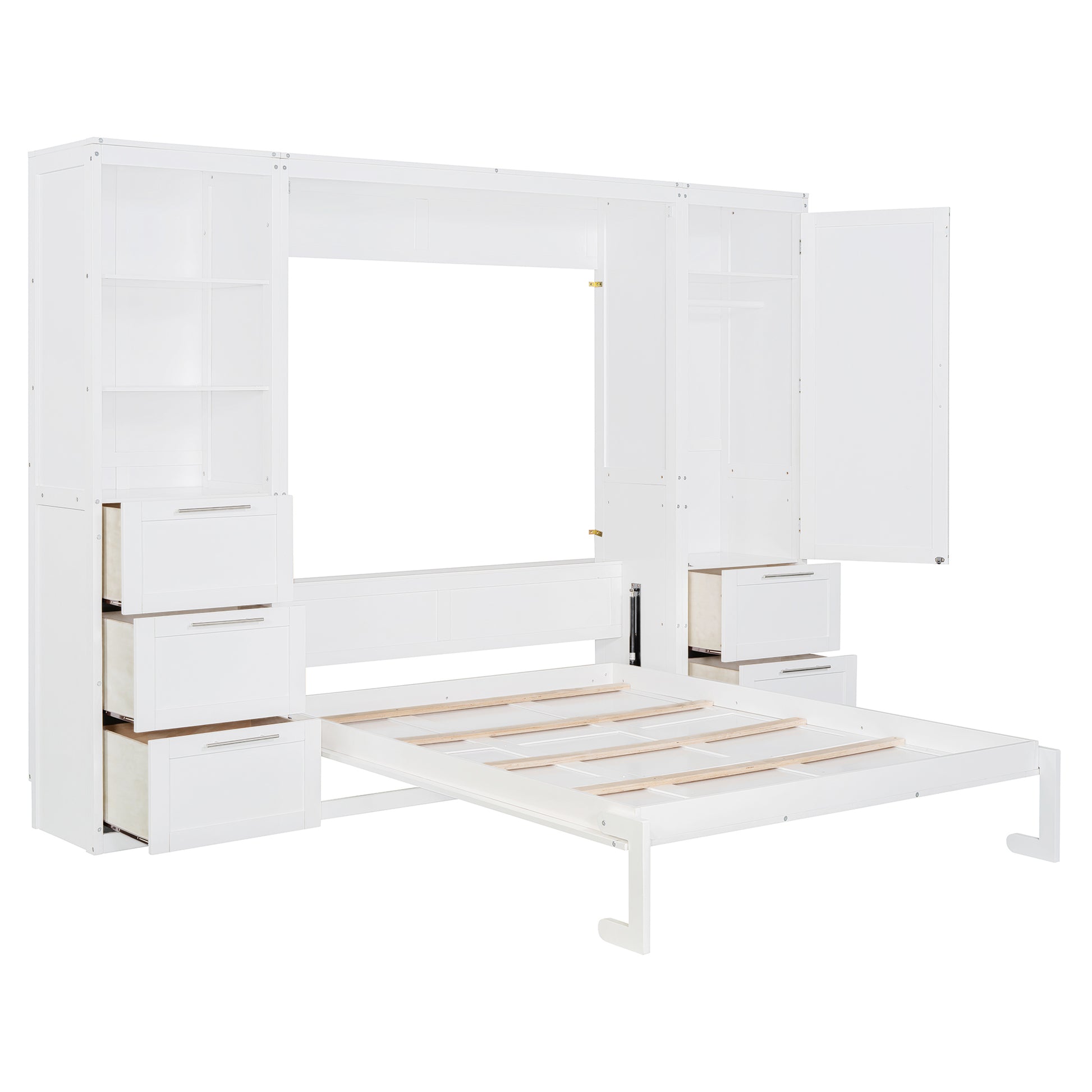 Queen Size Murphy Bed Wall Bed With Closet ,Drawers And Shelves,White Queen White Mdf Lvl