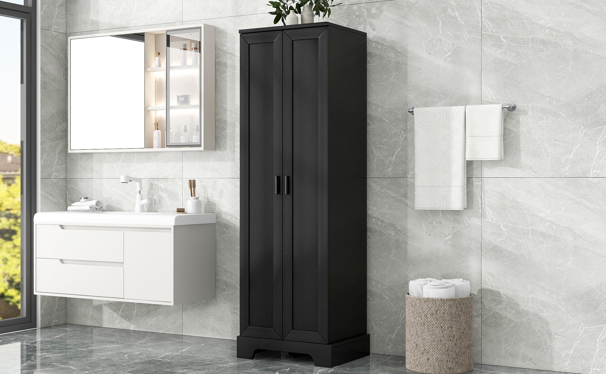 Storage Cabinet With Two Doors For Bathroom, Office, Adjustable Shelf, Mdf Board, Black Black Mdf