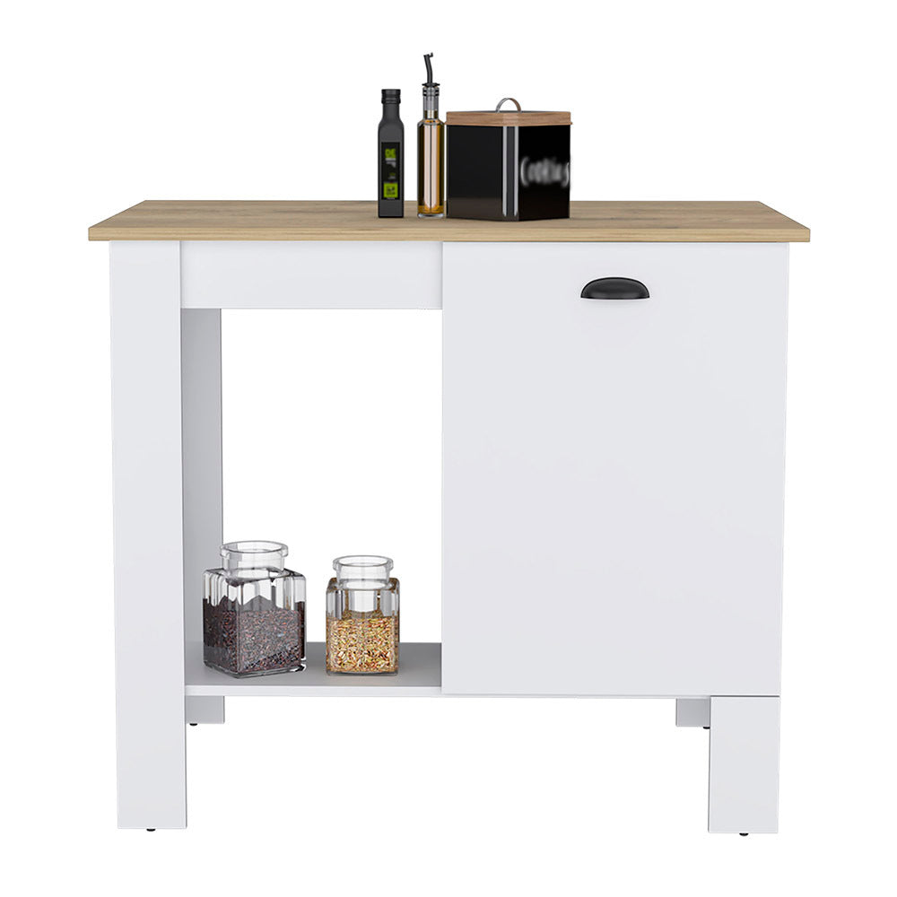 Kitchen Island 35" H, One Storage Cabinet With Door, Two Internal Shelves, One Open Storage Shelf, White Macadamia Multicolor Particle Board Particle Board