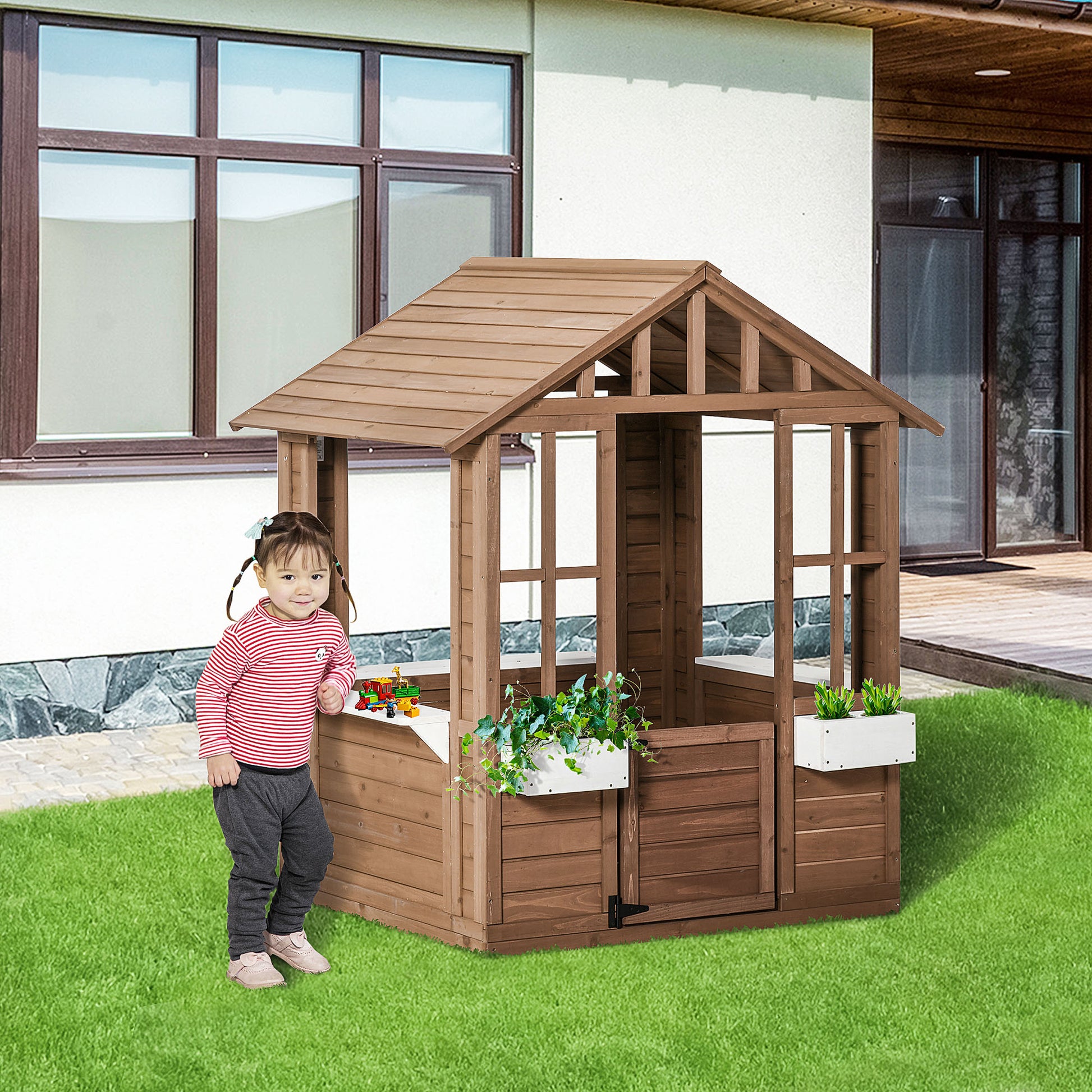 Outsunny Kids Wooden Playhouse, Outdoor Garden Games Cottage, With Working Door, Windows, Flowers Pot Holder, 47" X 38" X 54" Brown Wood