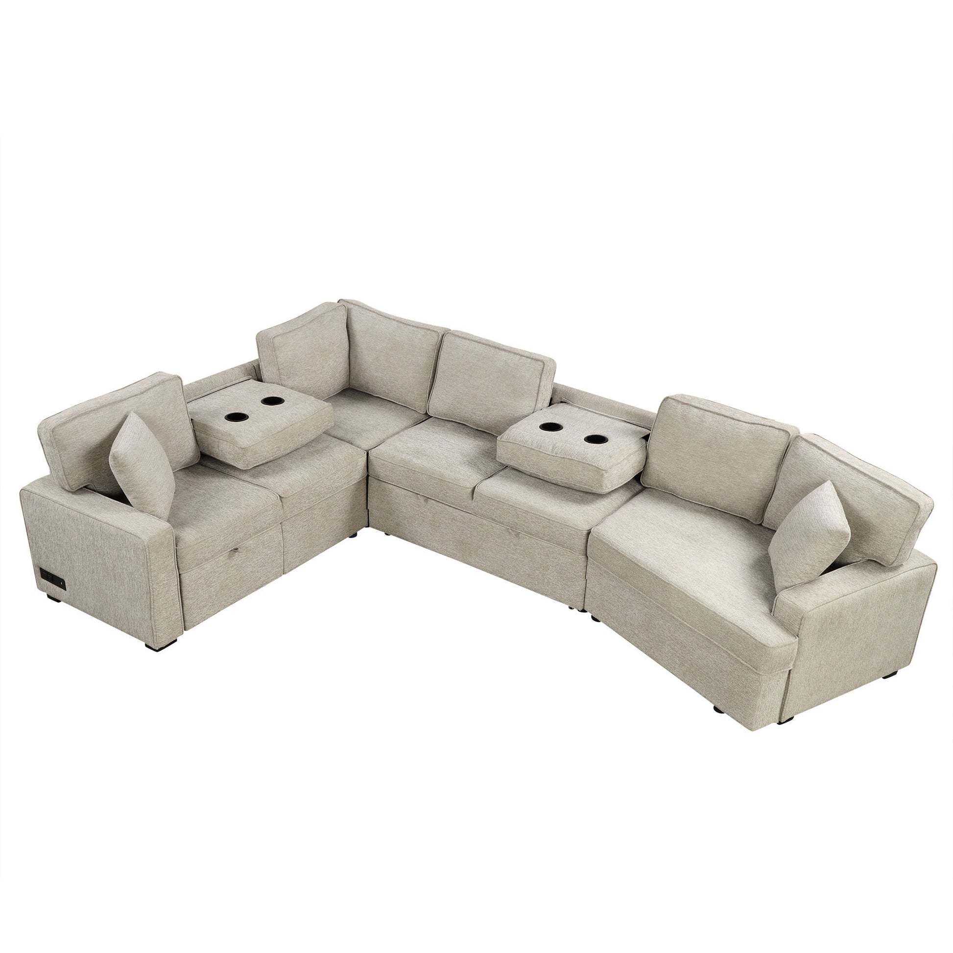 126" L Shaped Sofa Sectional Sofa Couch Pull Out Sofa Bed With Charging Devices And Cup Holders For Living Room, Beige Beige Foam Chenille 6 Seat