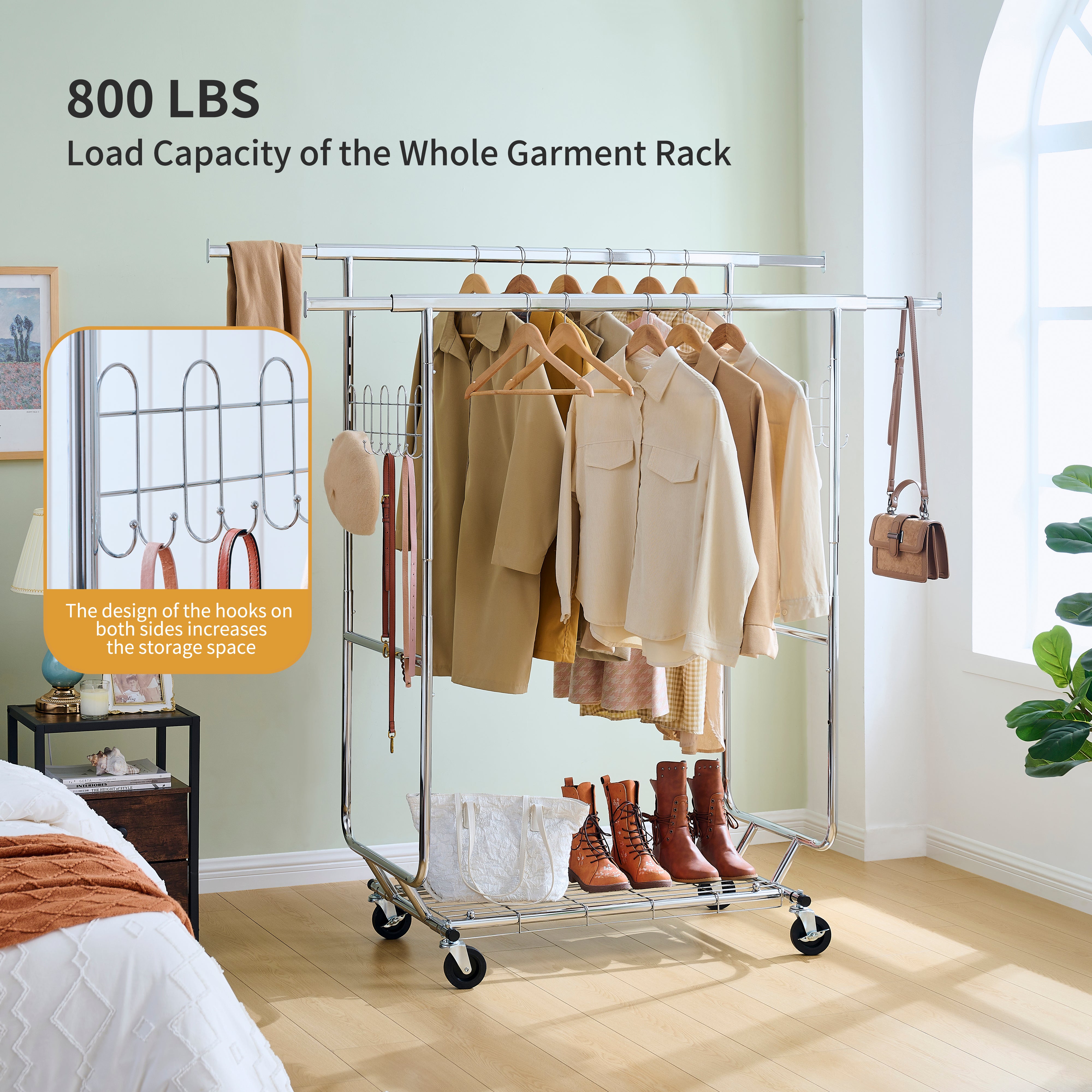 Heavy Duty Rolling Garment Rack – Collapsible Clothes Rack On Wheels, Stainless Steel, Adjustable