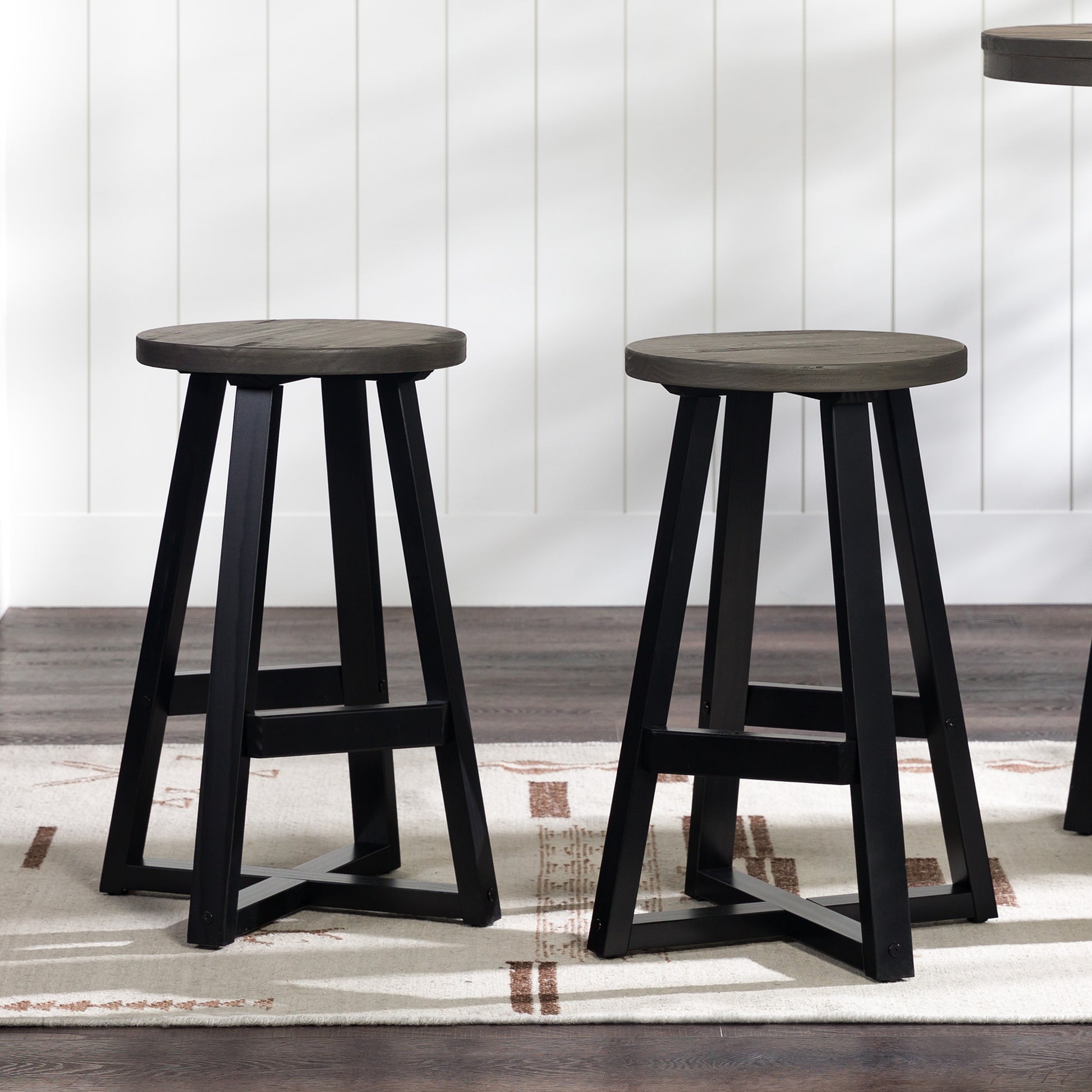 Rustic Distressed Solid Wood Round Dining Stool Grey Gray Pine Pine