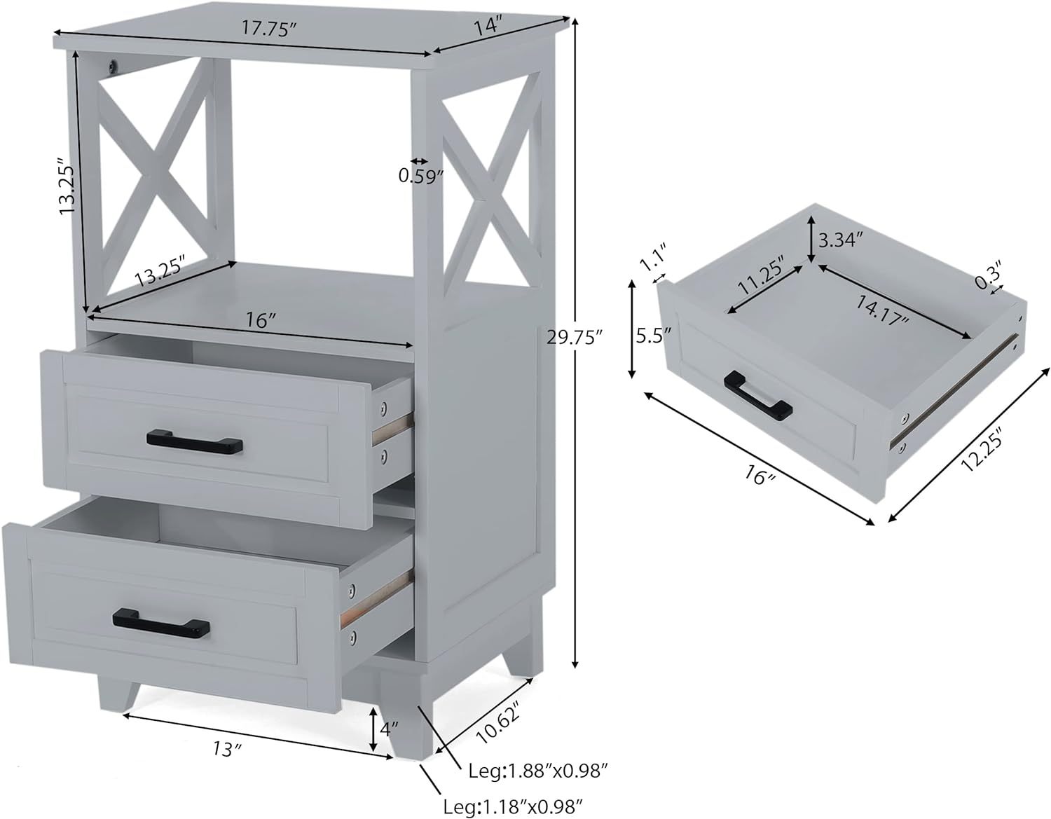 2 Drawer Cabinet - Gray Mdf