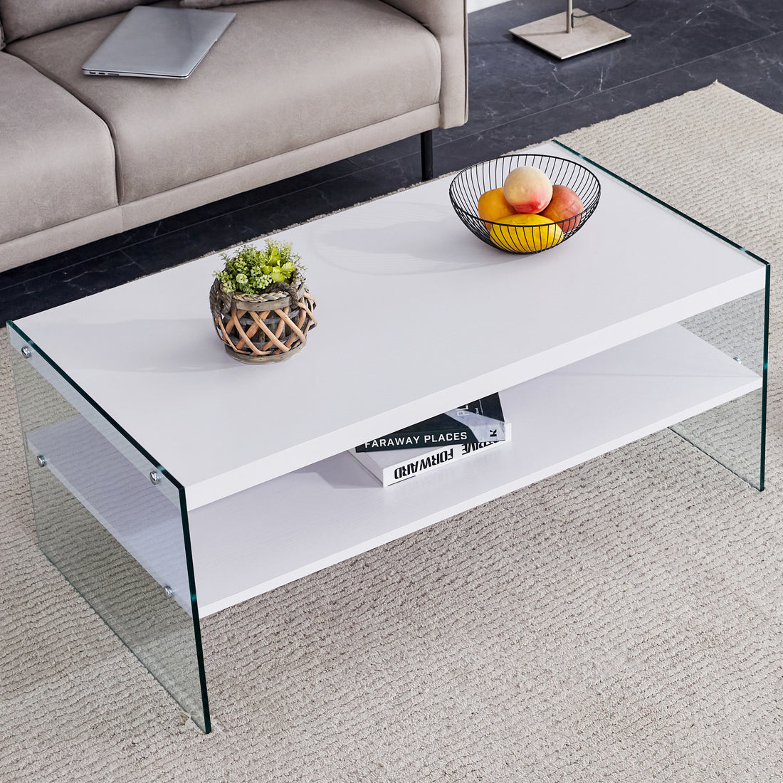 Double Rectangular Coffee Table. The Board Surface Is Mdf, With White Stickers, And Both Sides Are Transparent Tempered Glass. Suitable For Living Room, Bedroom And Other Occasions. White Mdf Glass